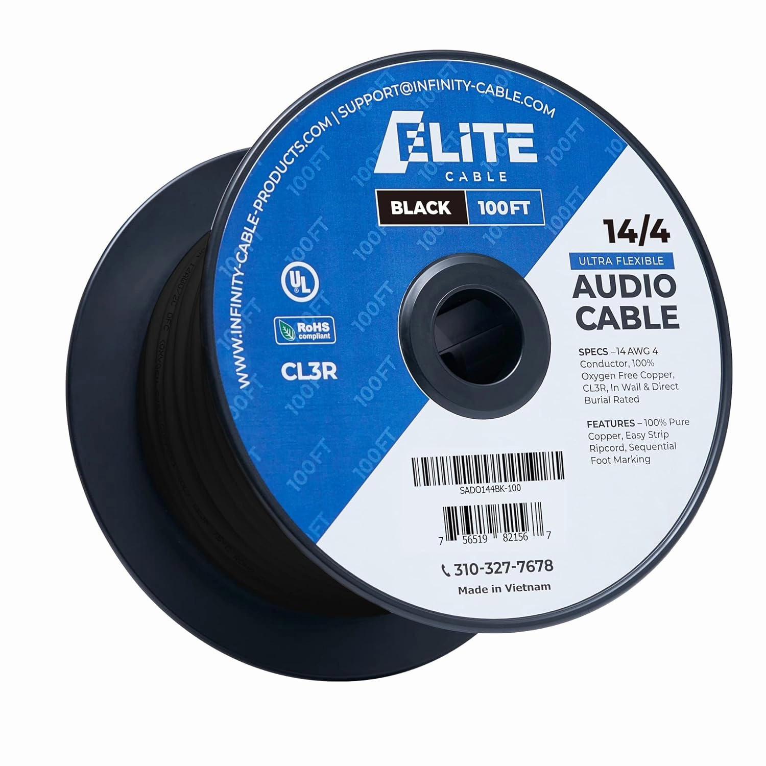 Elite 14/4 Speaker Wire, 14AWG/4-Conductor, UL Listed, CMR/CL3R, (Riser/in-Wall & Outdoor/In-Ground (Direct Burial)- 100% Oxygen Free Pure Bare Copper (OFC), 100ft Bulk Cable (105 Strands) Black