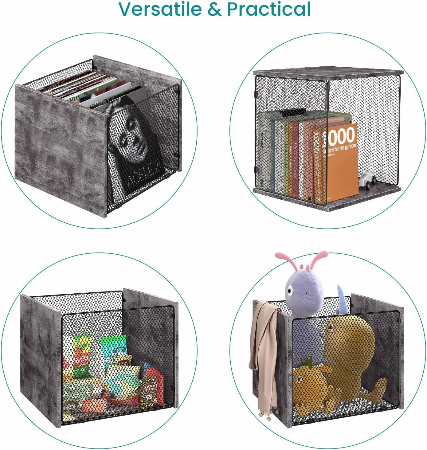 ELITEROO Vinyl Record Holder, Stackable Vinyl Record Storage Box, Wood Cube Organizer Book Crate Bin for Magazine, Files, Albums, Toys, Rustic Grey