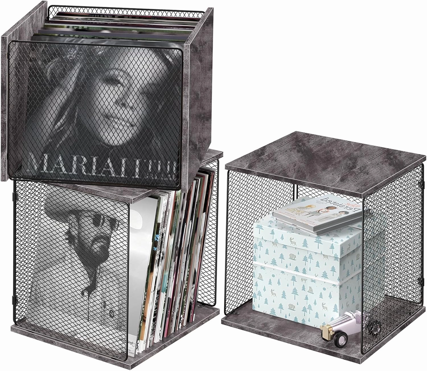 ELITEROO Vinyl Record Holder, Stackable Vinyl Record Storage Box, Wood Cube Organizer Book Crate Bin for Magazine, Files, Albums, Toys, Rustic Grey vinyl storage,record holder,LP organizer,