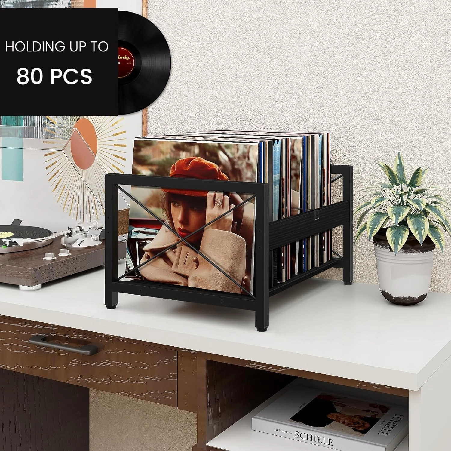 ELITEROO Vinyl Record Holder, Wooden Record Crate Fits 7 -12 Records, Vinyl Shelf Holds up to 50-100 Albums, DVDs, CDs or Files Wood Book Storage Stand Desktop Organizer Box (Black)
