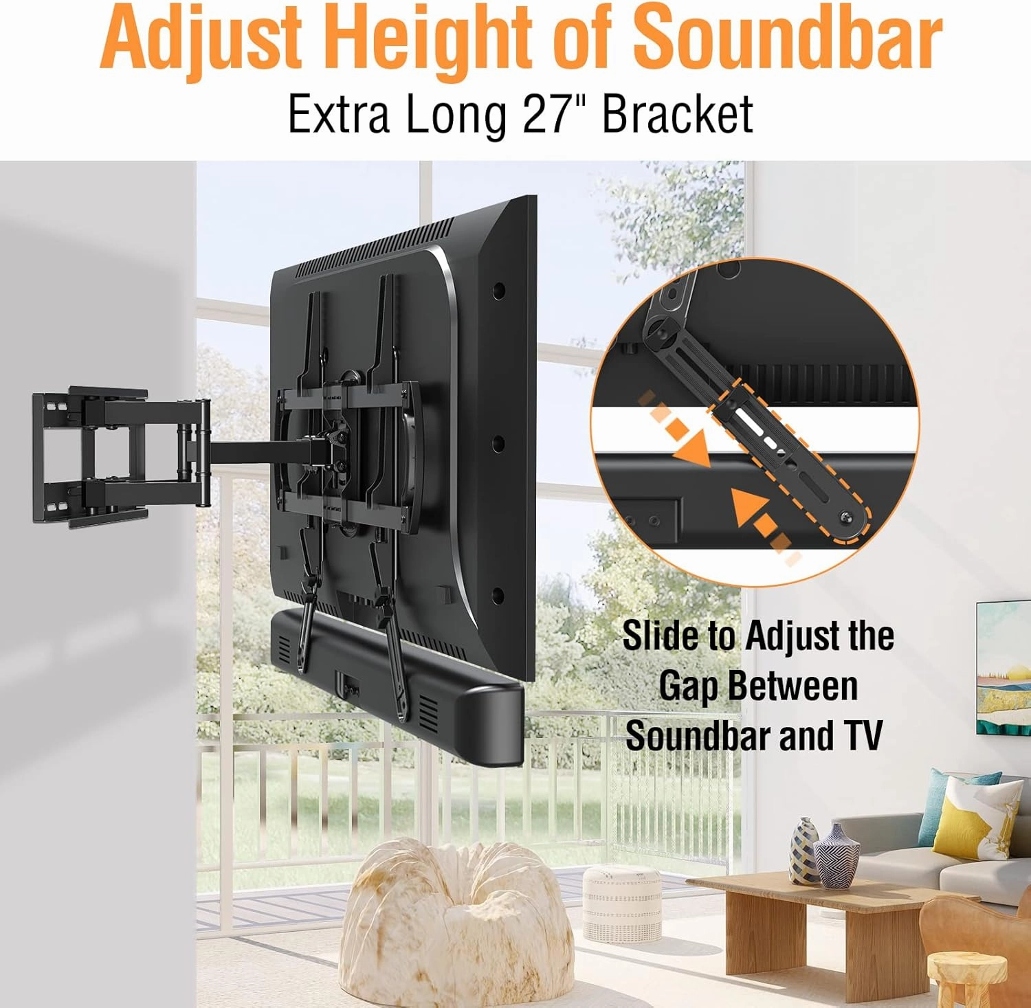 ELIVED Soundbar Mount, Sound Bar TV Bracket, for Mounting Above or Under TV, Fits Most Sound Bars Up to 15 Lbs, Tool-Free Knob Adjustable, for 23-90" TVs with Detachable Extension Arms and L-Brackets