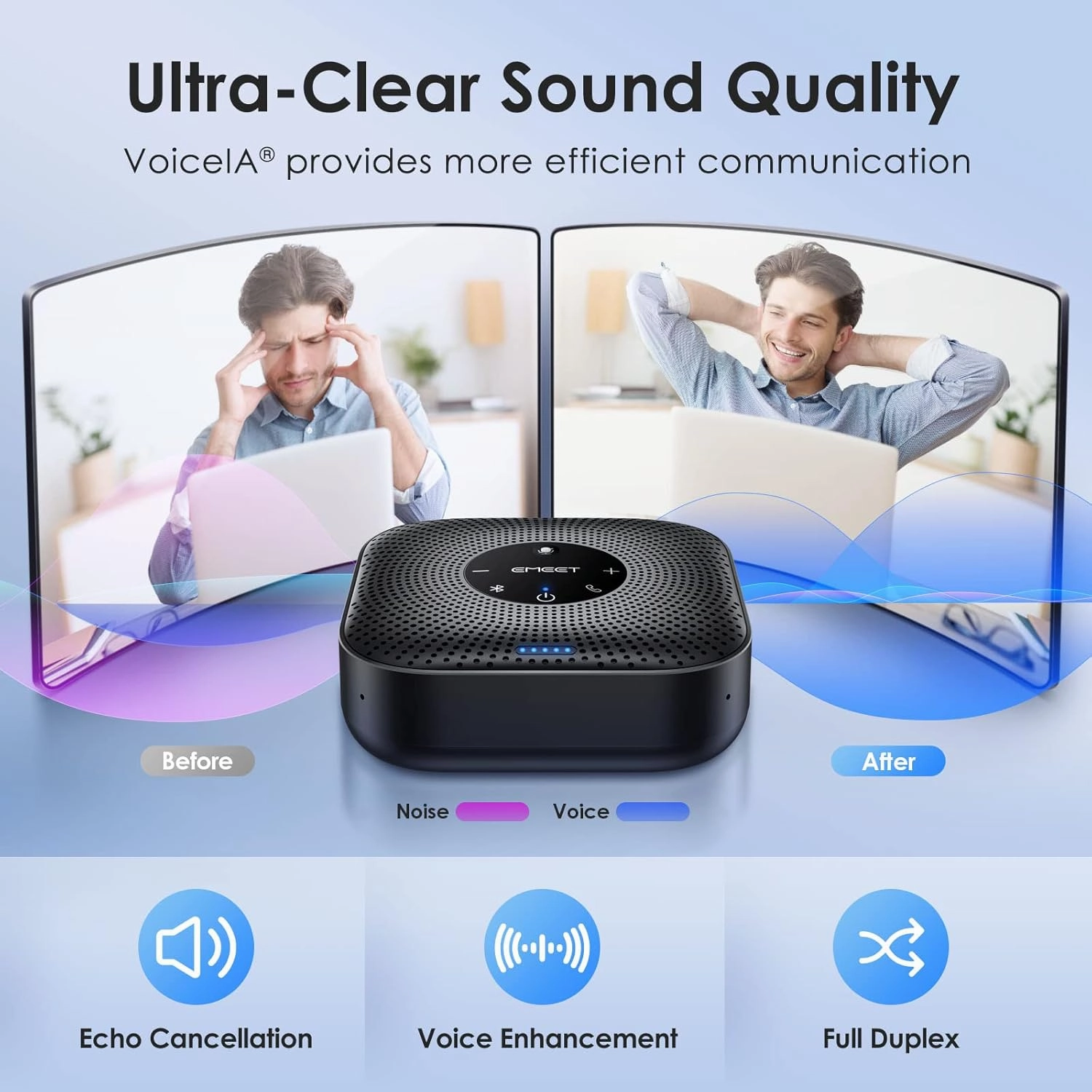 EMEET Conference Speakerphone M0 Plus, 4 AI Mics 360 Voice Pickup, Noise Reduction, USB C Speaker, Bluetooth Conference Speaker for 8 People w/Daisy Chain for 16 Compatible with Leading Software