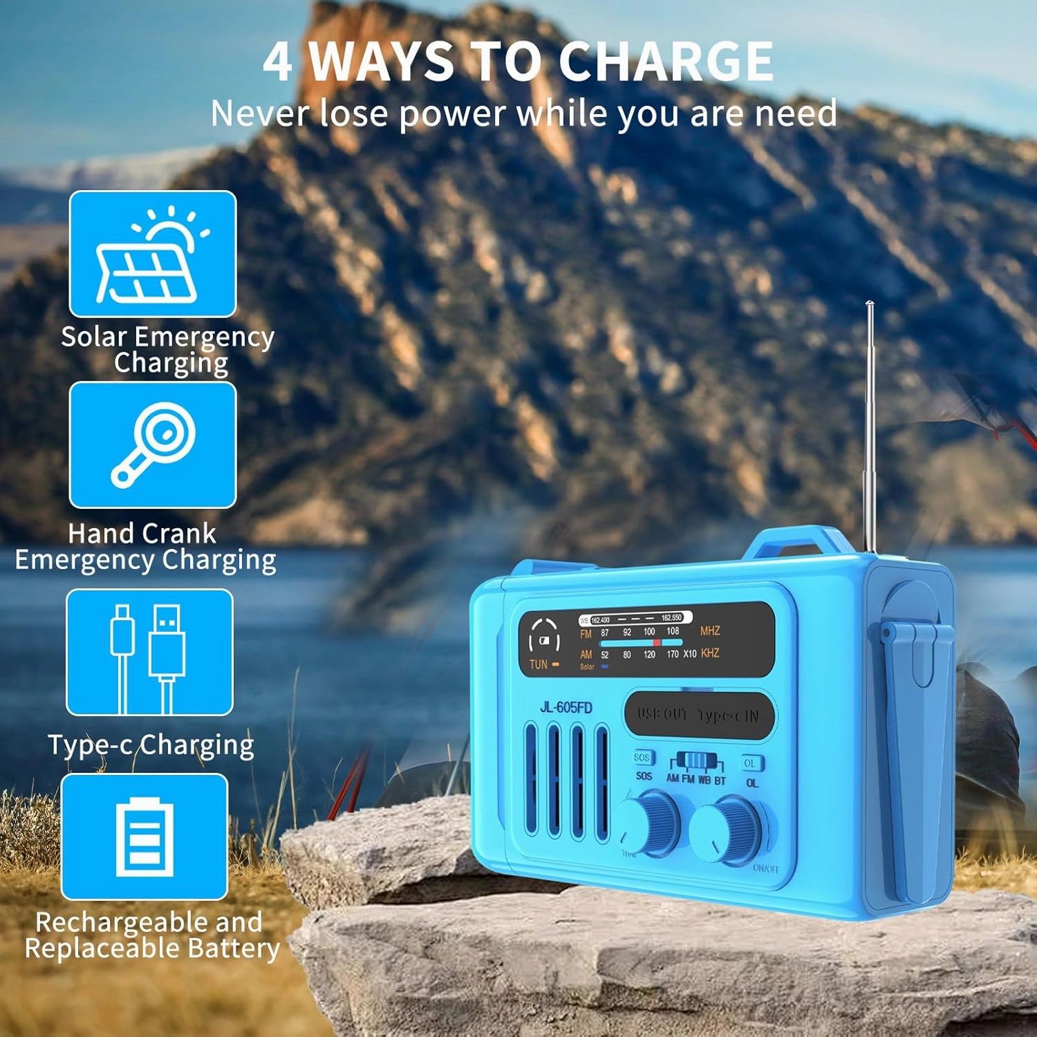 Emergency Crank Weather Radio,Hand Crank Radio, Solar AM/FM/NOAA Weather Portable Radio with Flashlight, Bluetooth Speaker, SOS Alert for Home OutdoorsCompass for Camping Survival