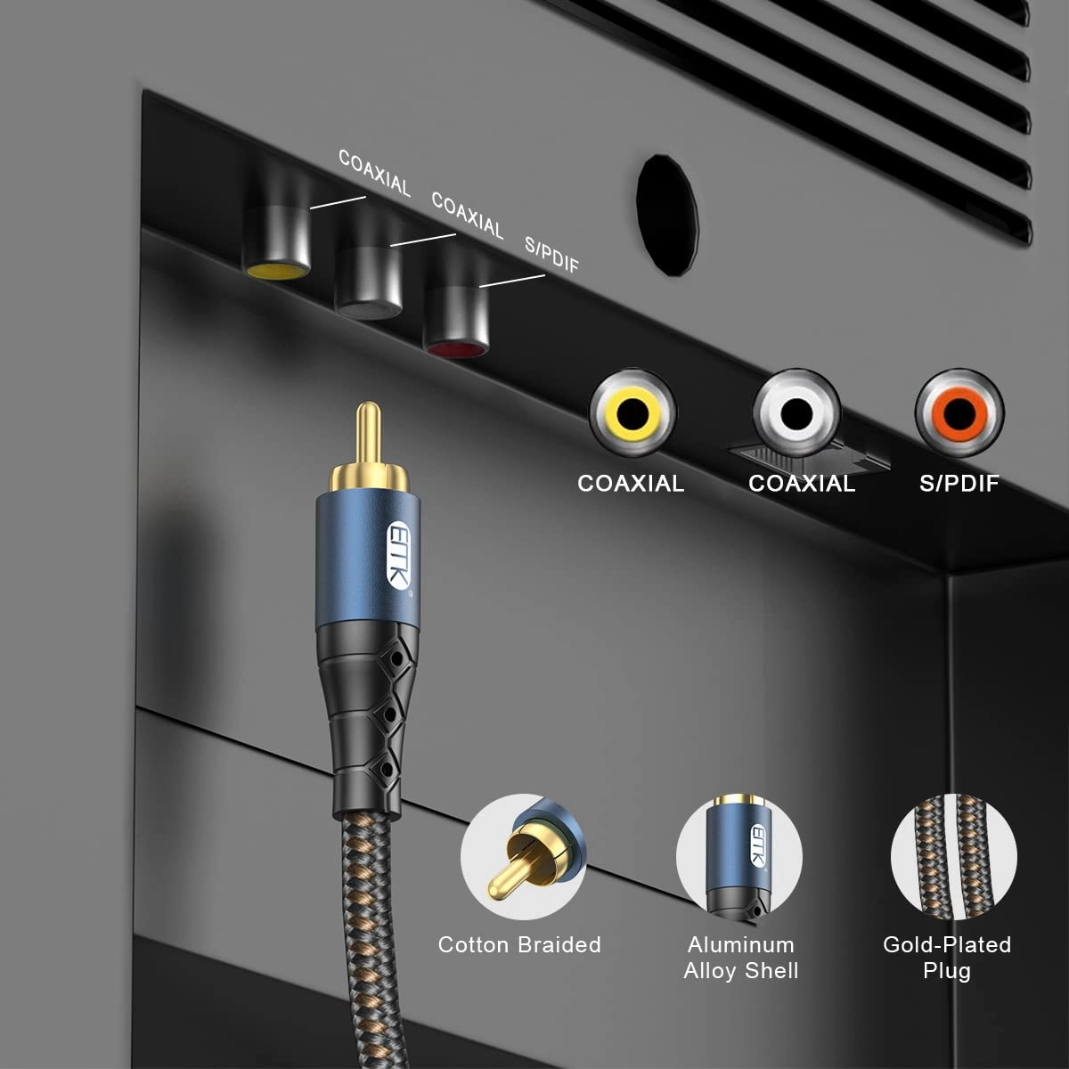 EMK Subwoofer Cable RCA to RCA Audio Cable 24K Gold-Plated Nylon Braided Double Shielded Digital Analogue Supports Amplifiers,Home Theater,Hi-Fi Systems,Subwoofer(10ft/3m)