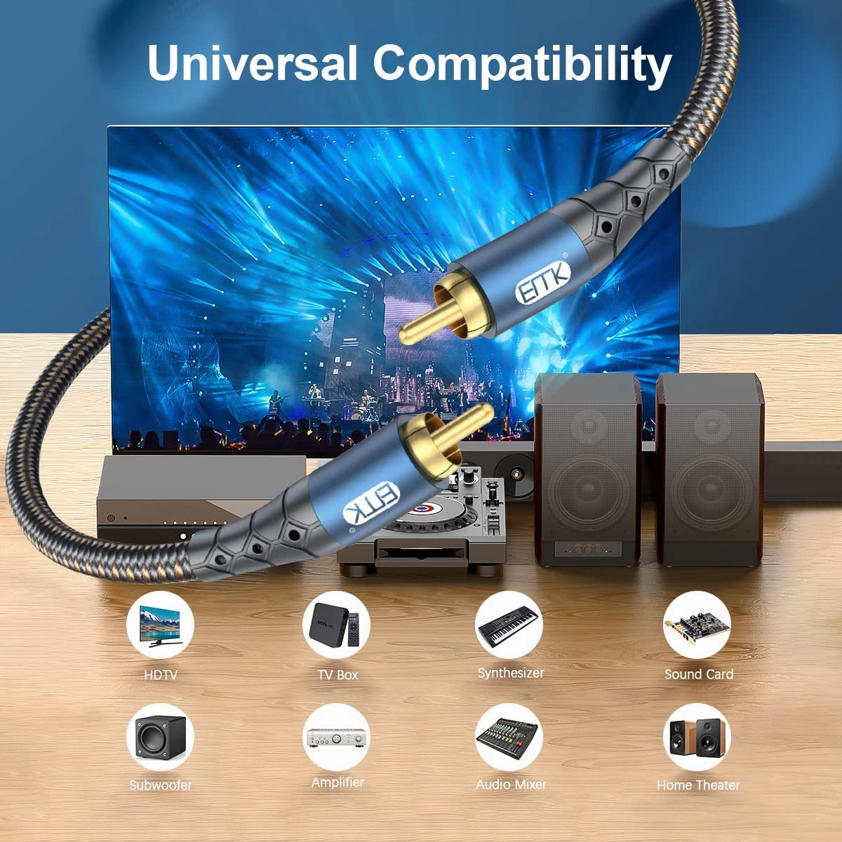EMK Subwoofer Cable RCA to RCA Audio Cable 24K Gold-Plated Nylon Braided Double Shielded Digital Analogue Supports Amplifiers,Home Theater,Hi-Fi Systems,Subwoofer(10ft/3m)