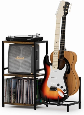 End Table with Guitar Stand,Record Player Stand,Vinyl Records Storage,2-Tier Guitar Stand for Acoustic,Turntable Stand for Music Studio-Brown vinyl storage,record holder,LP organizer,
