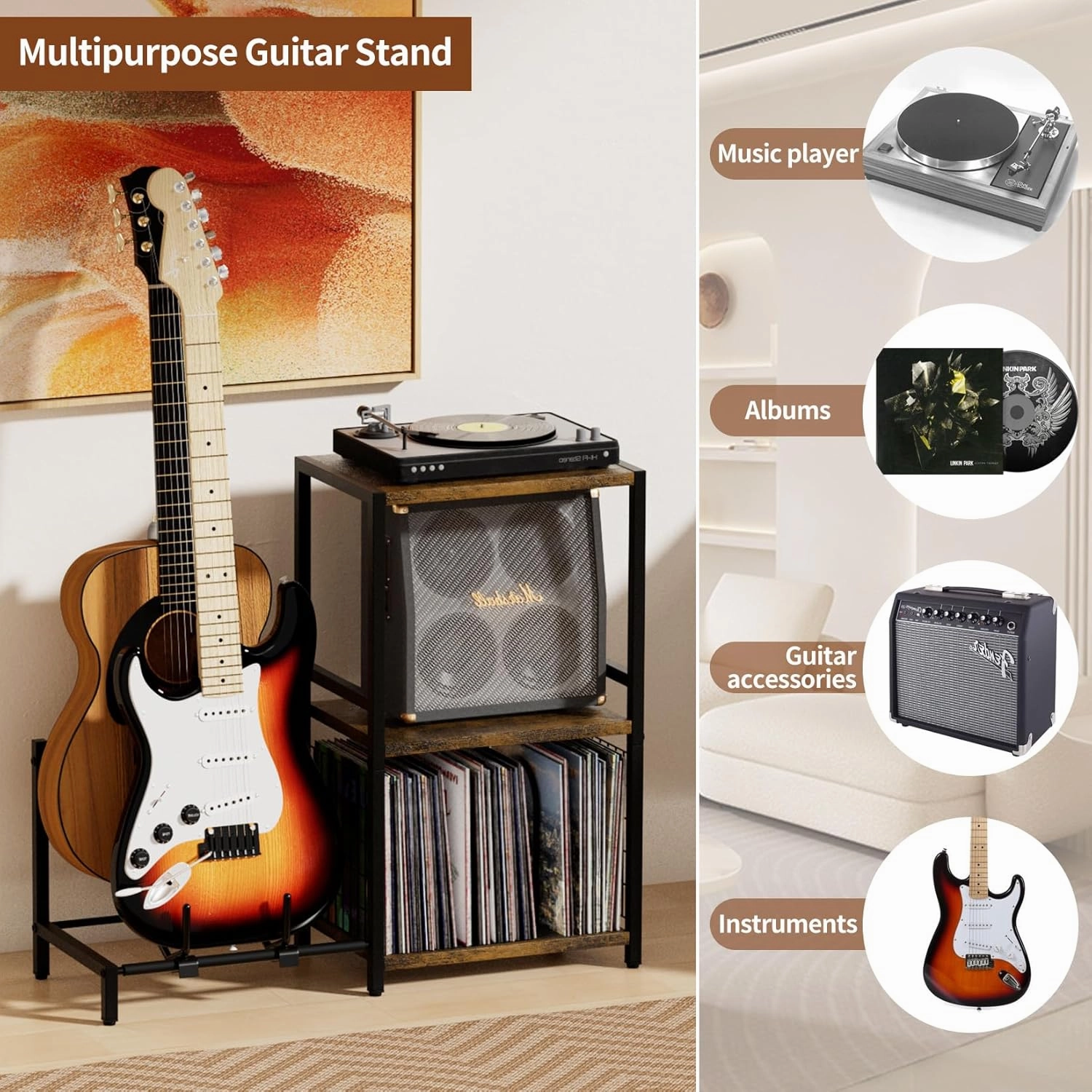 End Table with Guitar Stand,Record Player Stand,Vinyl Records Storage,2-Tier Guitar Stand for Acoustic,Turntable Stand for Music Studio-Brown