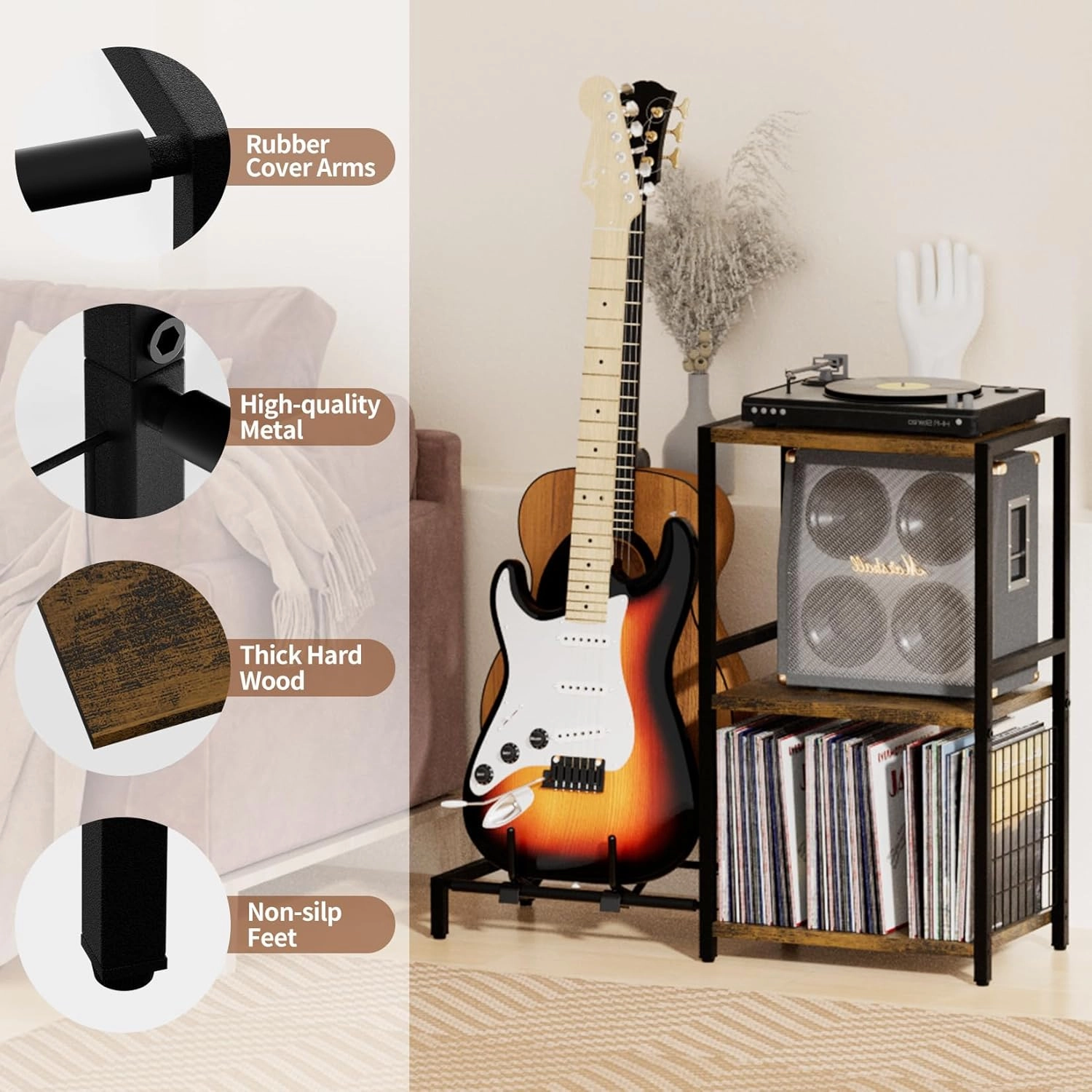 End Table with Guitar Stand,Record Player Stand,Vinyl Records Storage,2-Tier Guitar Stand for Acoustic,Turntable Stand for Music Studio-Brown
