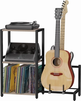 End Table with Guitar Stand,Record Player Stand,Vinyl Records Storage,2-Tier Guitar Stand for Acoustic,Turntable Stand for Music Studio,Grey vinyl storage,record holder,LP organizer,