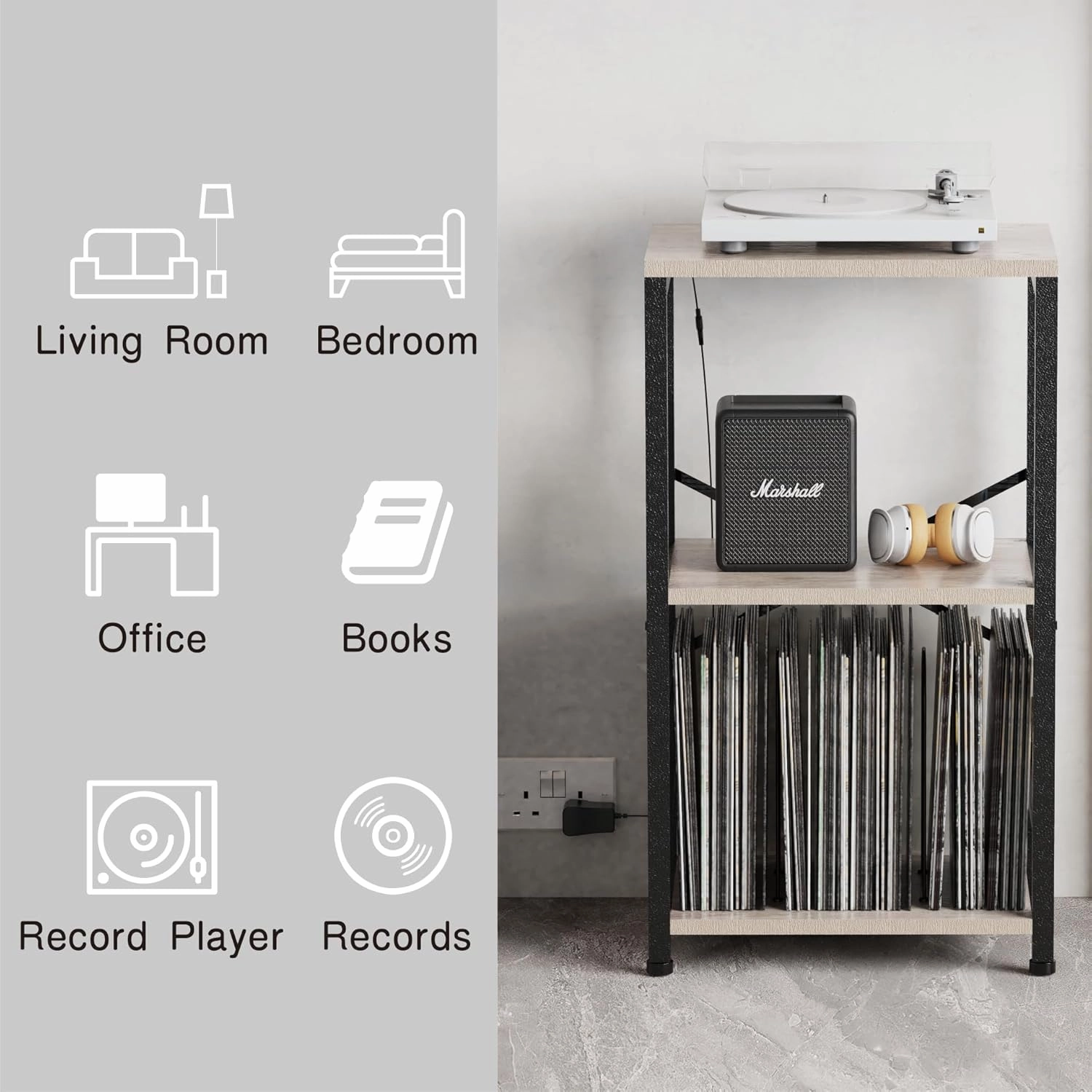 End Table with LED Light,Record Player Stand with Albums Storage,Vinyl Records Storage,Turntable Stand Side Table for Music Room Studio Living Room Bedroom-Greige