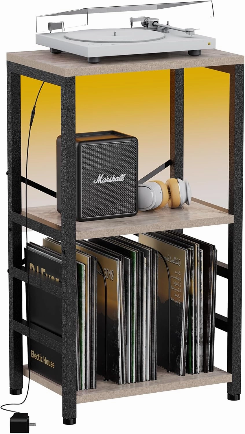 End Table with LED Light,Record Player Stand with Albums Storage,Vinyl Records Storage,Turntable Stand Side Table for Music Room Studio Living Room Bedroom-Greige vinyl storage,record holder,LP organizer,