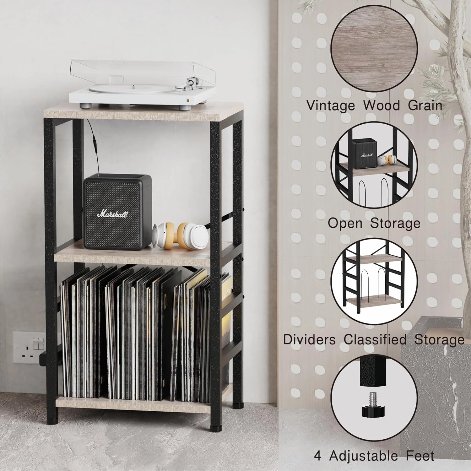 End Table with LED Light,Record Player Stand with Albums Storage,Vinyl Records Storage,Turntable Stand Side Table for Music Room Studio Living Room Bedroom-Greige