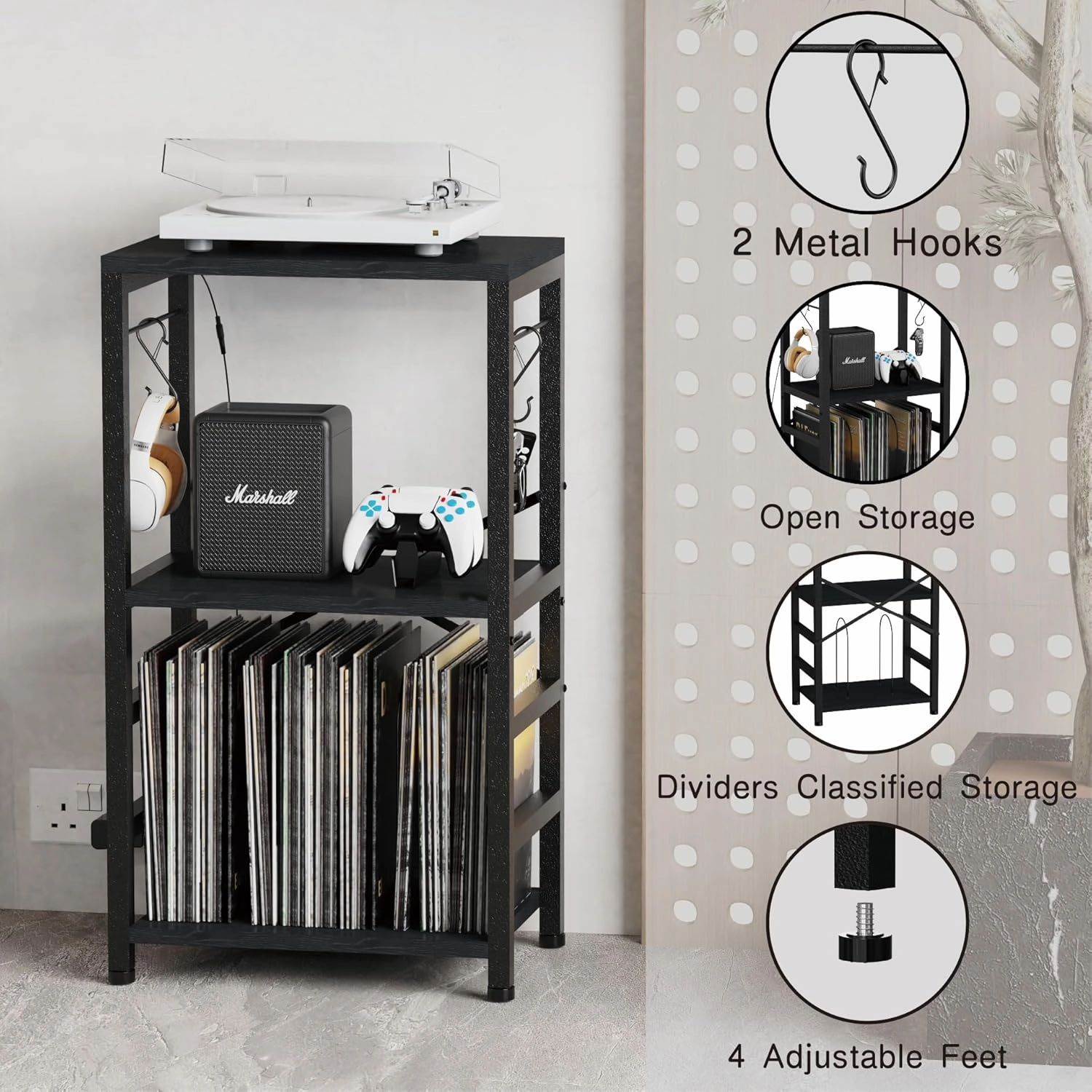 End Table with LED Light,Record Player Stand with Albums Storage,Vinyl Records Storage,Turntable Stand Side Table for Music Room Studio Living Room Bedroom-Modern Black
