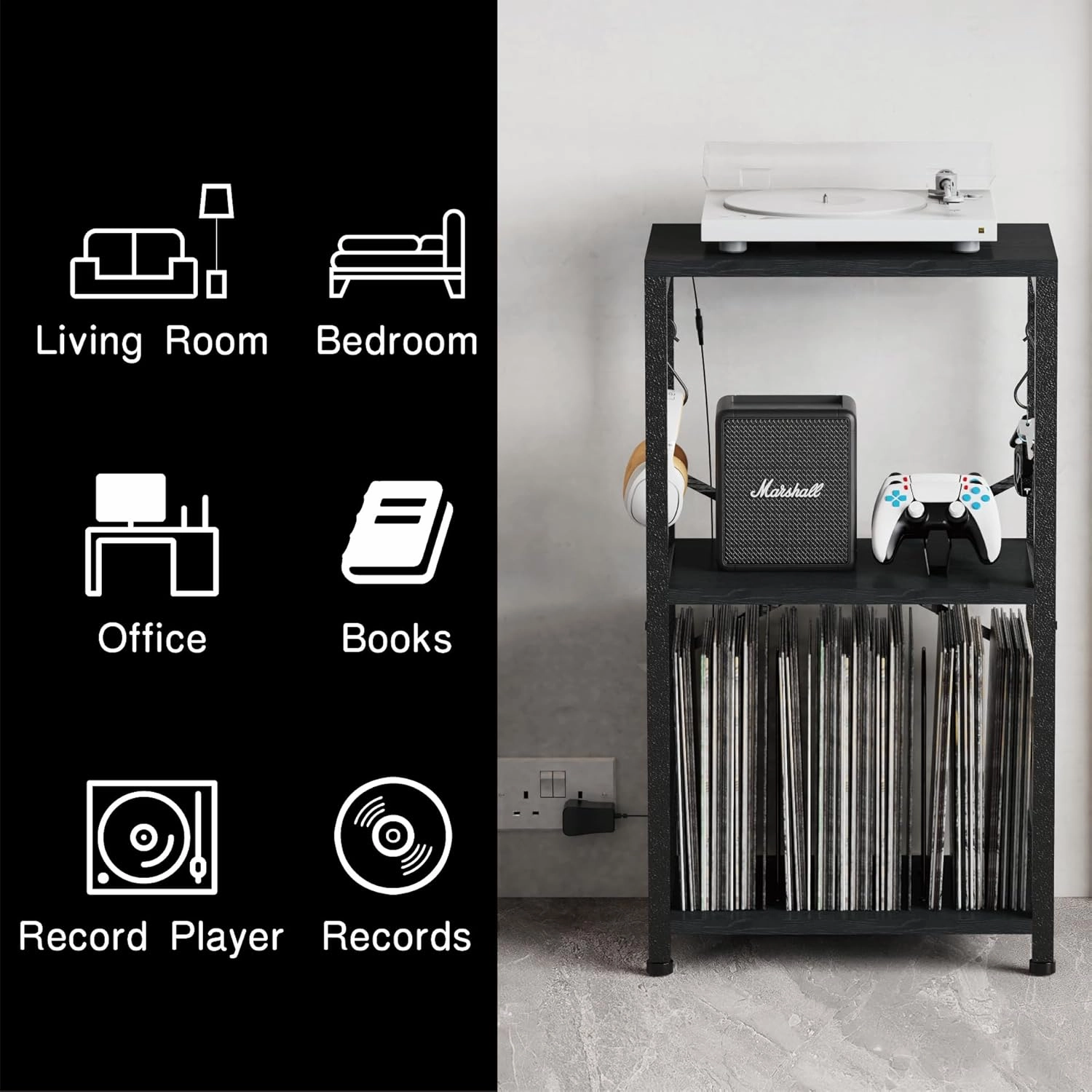End Table with LED Light,Record Player Stand with Albums Storage,Vinyl Records Storage,Turntable Stand Side Table for Music Room Studio Living Room Bedroom-Modern Black