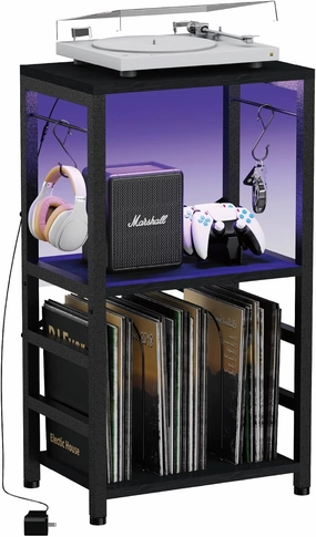 End Table with LED Light,Record Player Stand with Albums Storage,Vinyl Records Storage,Turntable Stand Side Table for Music Room Studio Living Room Bedroom-Modern Black vinyl storage,record holder,LP organizer,