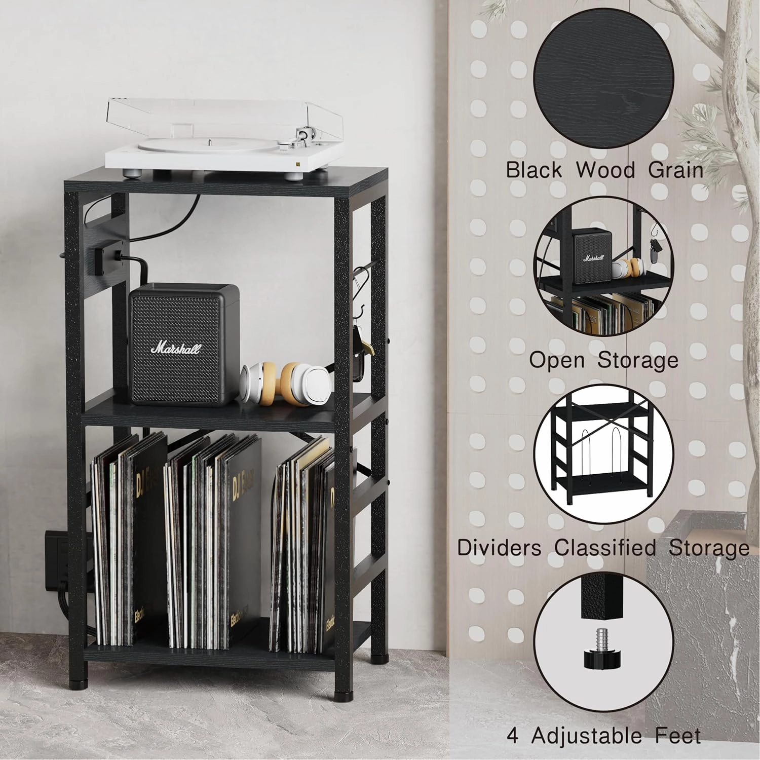 End Table with LED Light,Record Player Stand with Charging Station,Vinyl Records Storage,Turntable Stand Albums Storage for Music Room Studio-Industry Black