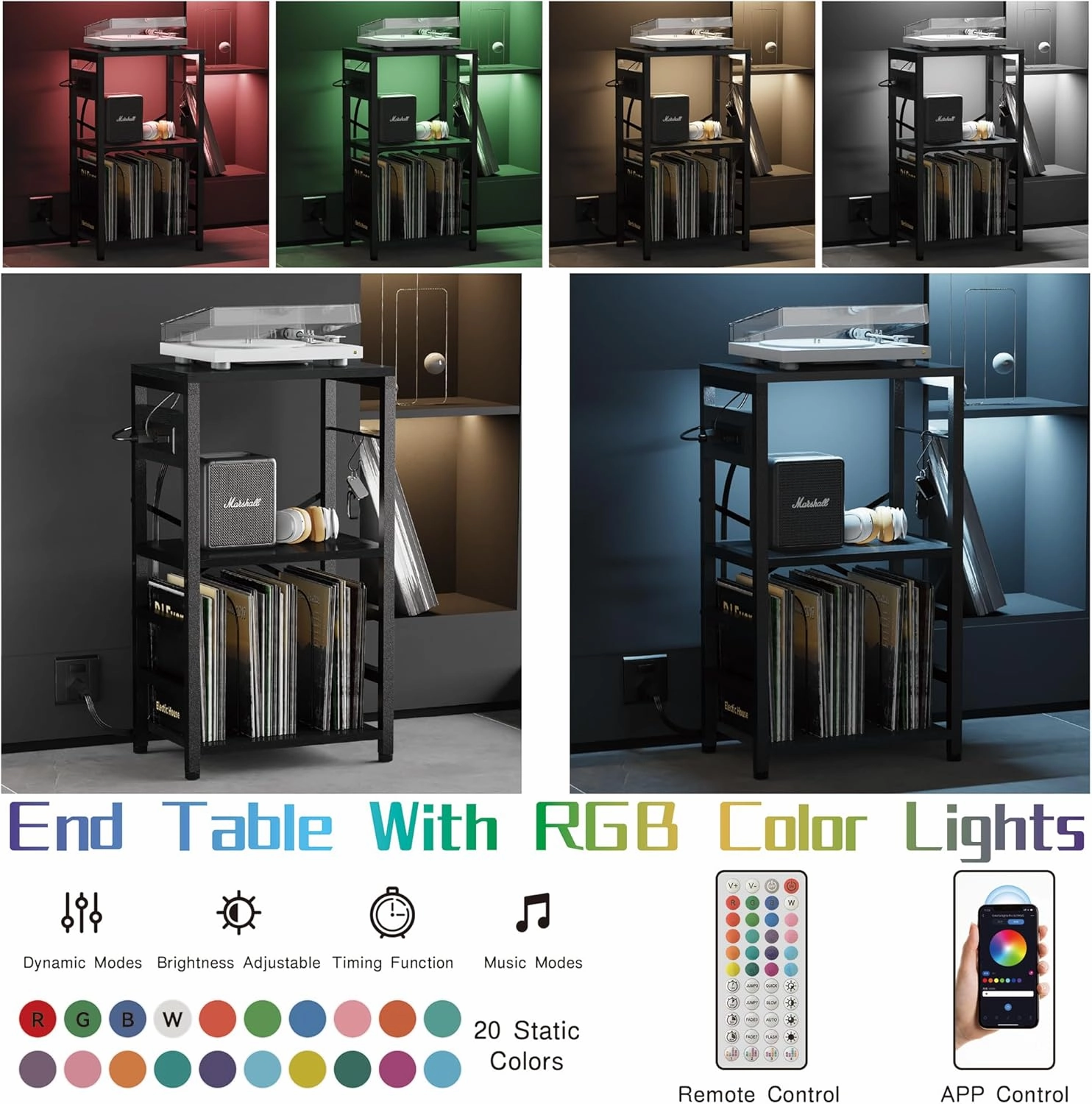 End Table with LED Light,Record Player Stand with Charging Station,Vinyl Records Storage,Turntable Stand Albums Storage for Music Room Studio-Industry Black