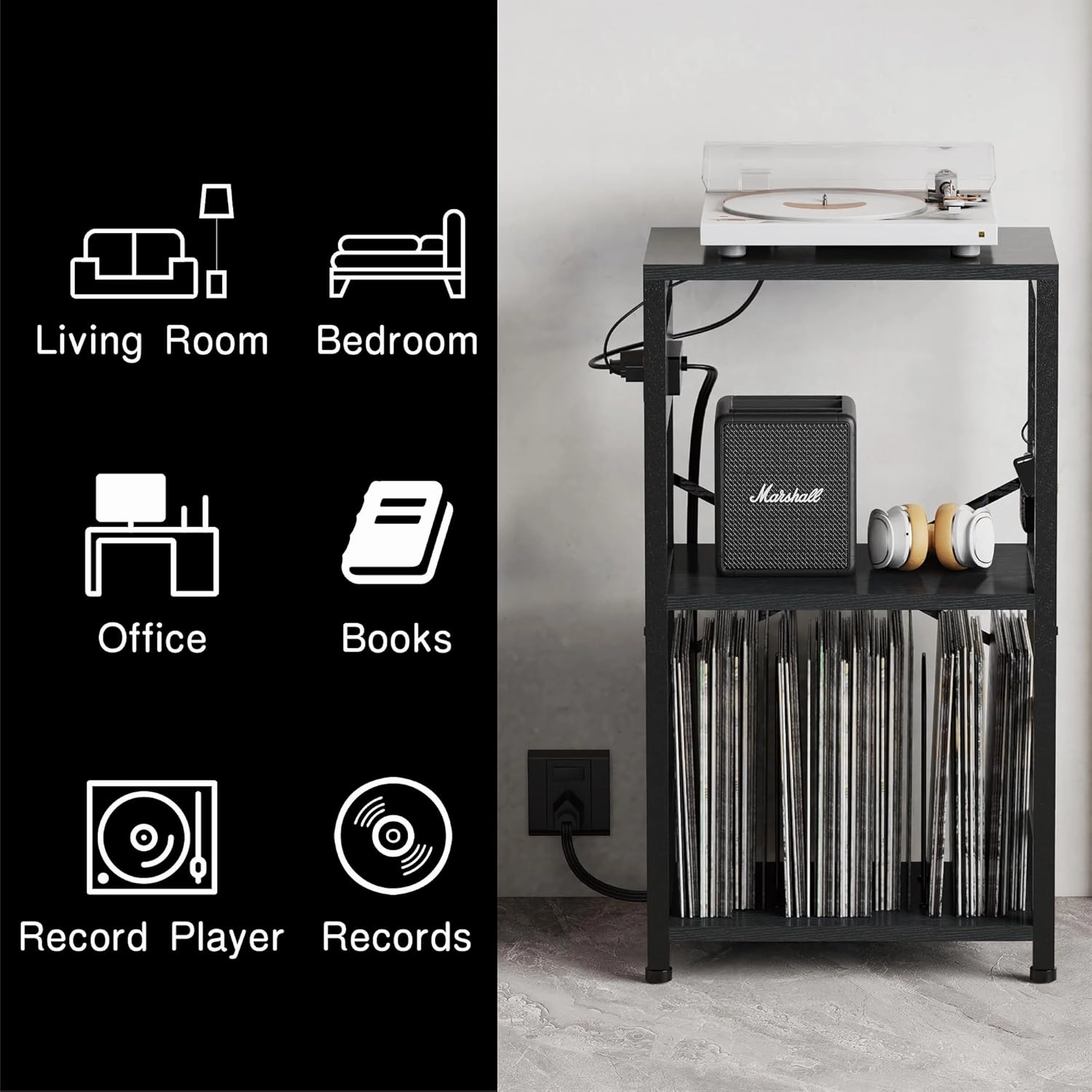 End Table with LED Light,Record Player Stand with Charging Station,Vinyl Records Storage,Turntable Stand Albums Storage for Music Room Studio-Industry Black