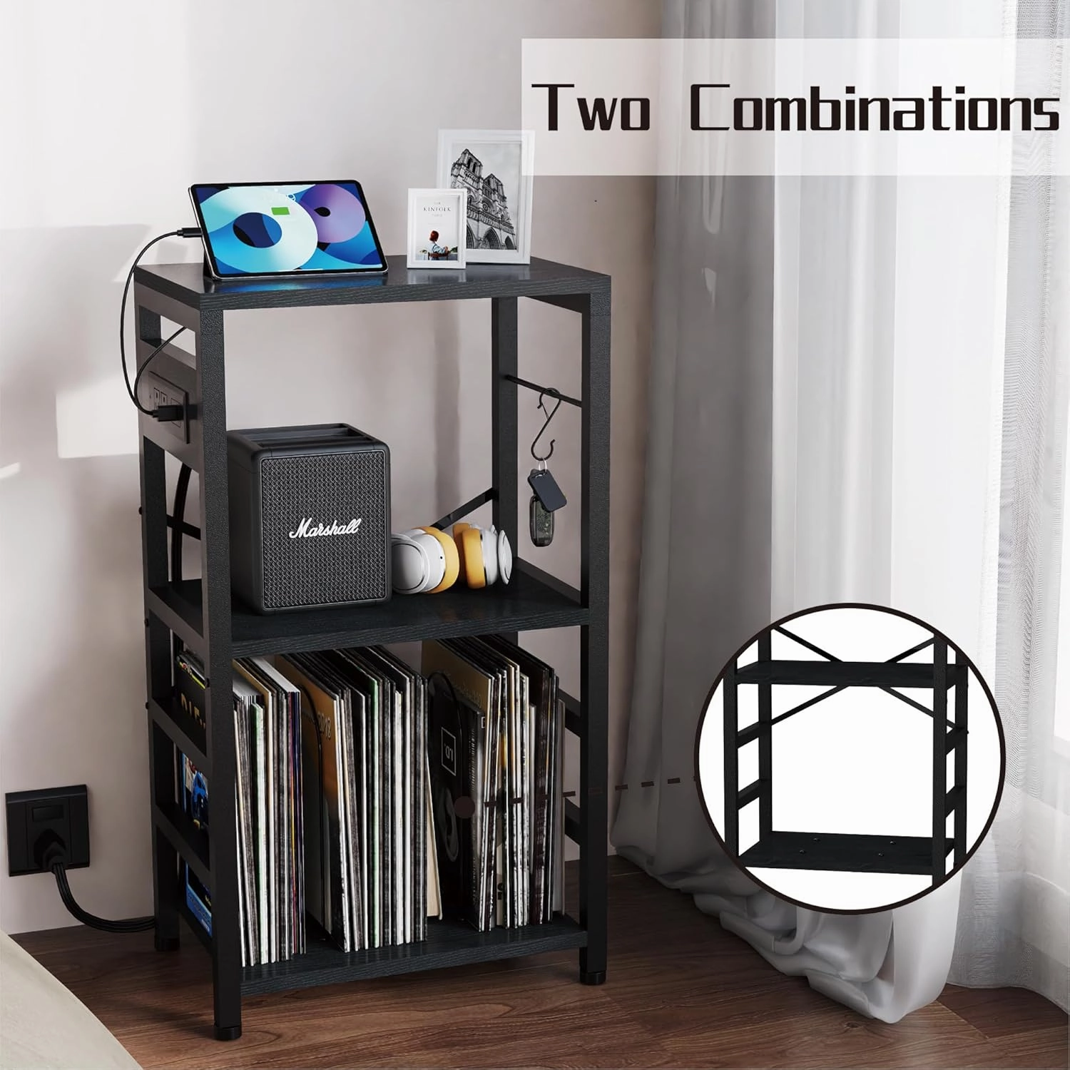End Table with LED Light,Record Player Stand with Charging Station,Vinyl Records Storage,Turntable Stand Albums Storage for Music Room Studio-Industry Black