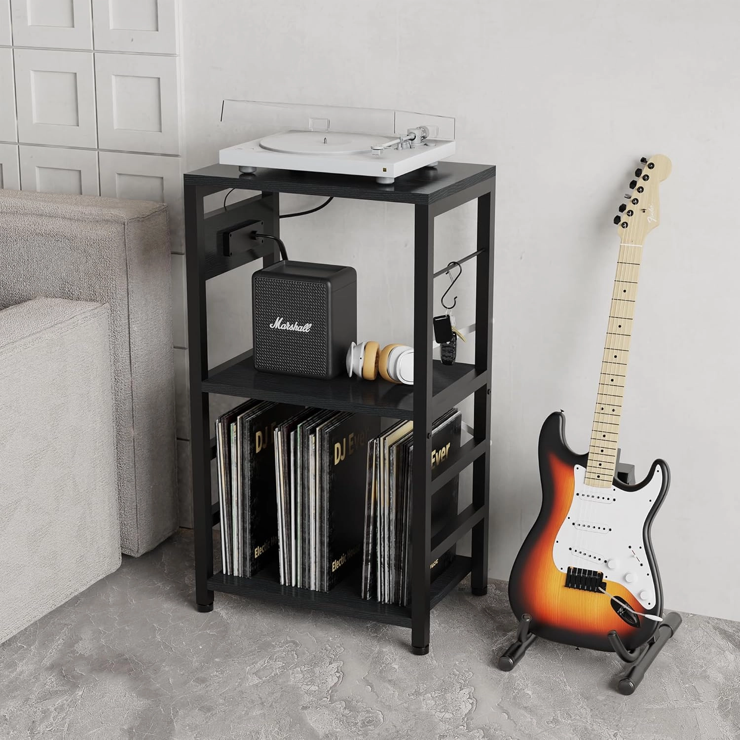 End Table with LED Light,Record Player Stand with Charging Station,Vinyl Records Storage,Turntable Stand Albums Storage for Music Room Studio-Industry Black