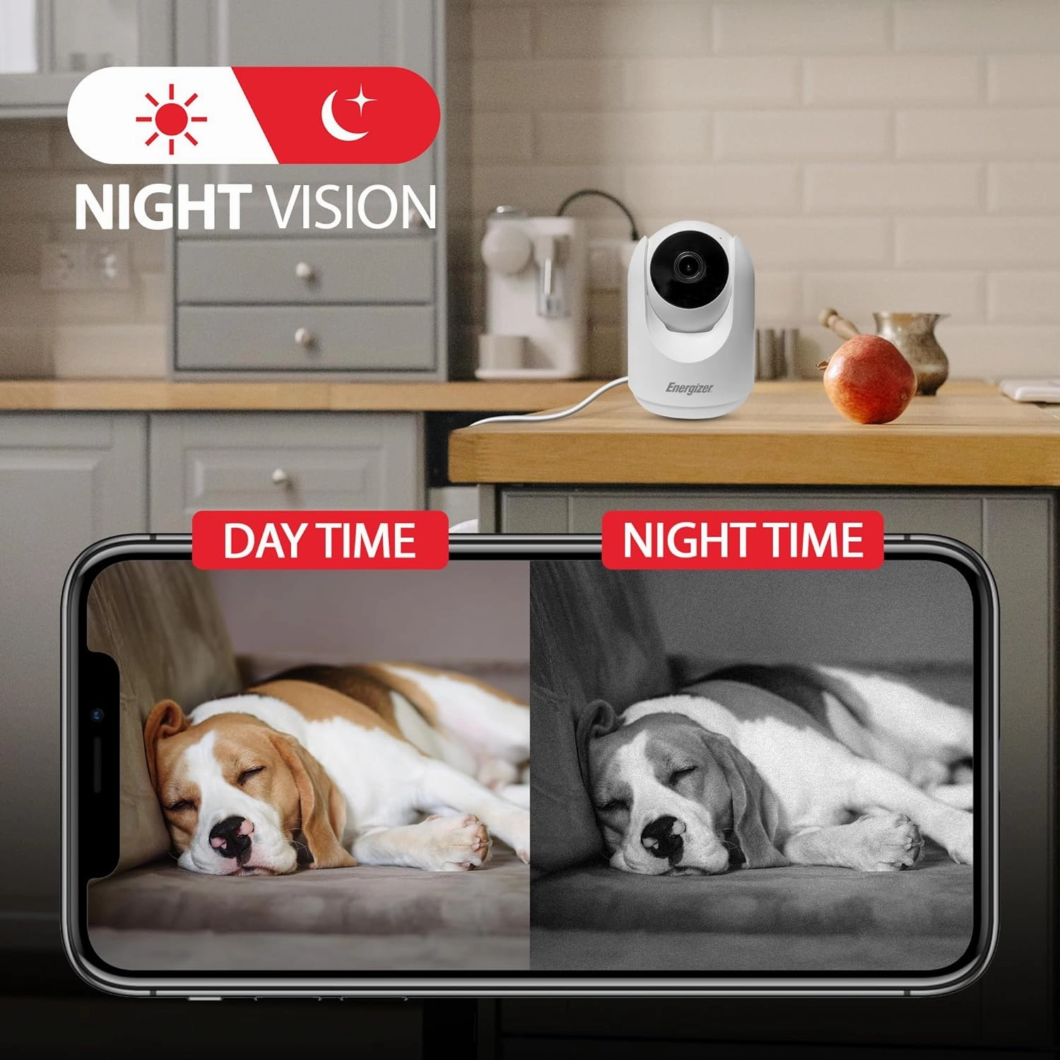 Energizer Smart 2K Indoor Pan & Tilt Wired Camera, Motion Tracking, Two-Way Audio, Night Vision, Instant Notifications, Recording, App, Hub-Free Wi-Fi Connection, Compatible with Alexa & Google Home