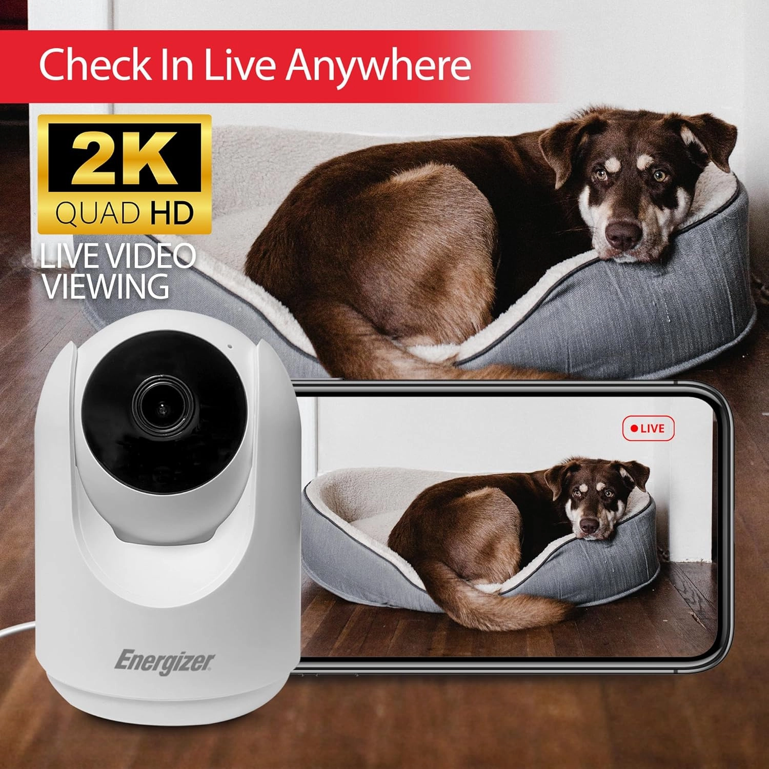 Energizer Smart 2K Indoor Pan & Tilt Wired Camera, Motion Tracking, Two-Way Audio, Night Vision, Instant Notifications, Recording, App, Hub-Free Wi-Fi Connection, Compatible with Alexa & Google Home