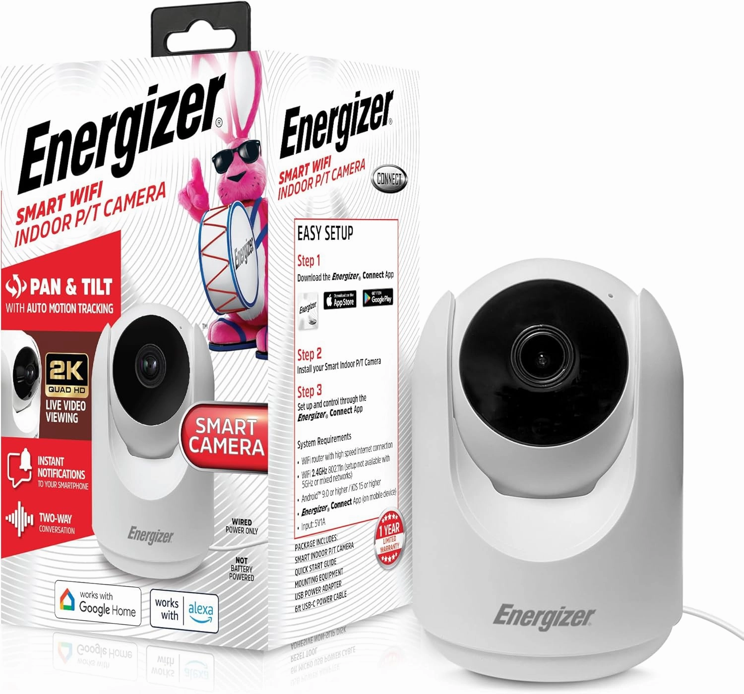 Energizer Smart 2K Indoor Pan & Tilt Wired Camera, Motion Tracking, Two-Way Audio, Night Vision, Instant Notifications, Recording, App, Hub-Free Wi-Fi Connection, Compatible with Alexa & Google Home smart audio hub,voice control speaker,Alexa compa