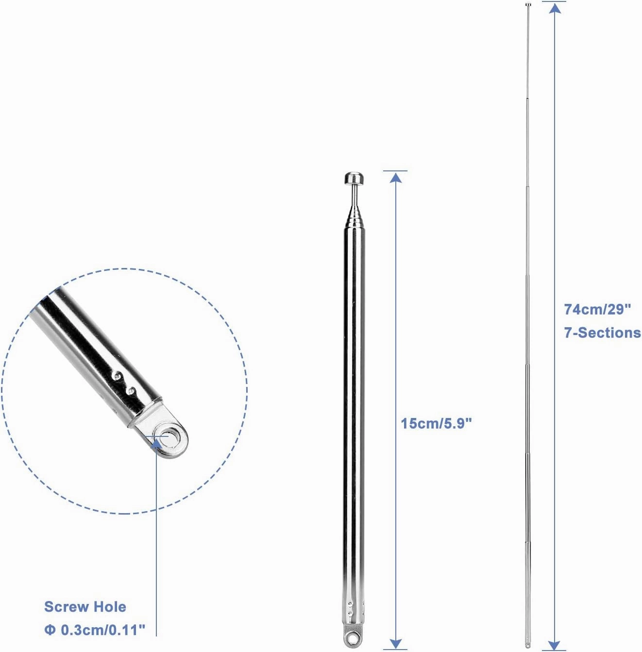 ENUODA FM Radio Antenna 7 Sections Telescopic Antenna 15cm/74cm Antenna Replacement for Portable Radio,Home Stereo Receiver,AV Audio Video,Home Theater Receiver and TV Tuner(2 Pack)