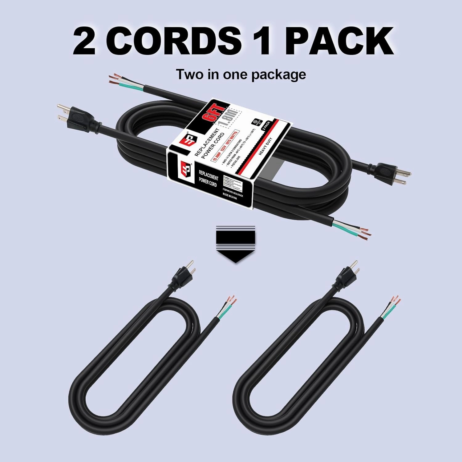 EP 2 Pack 6 ft 14/3C SJTW Appliance and Power Tool Cord, 14 Gauge 3 Prong Heavy Duty Replacement Power Supply Cord Cable, 110V 115V 120V AC Pigtail, 15A, 1875w