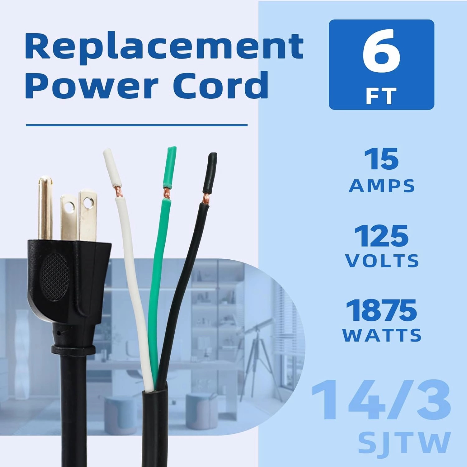 EP 2 Pack 6 ft 14/3C SJTW Appliance and Power Tool Cord, 14 Gauge 3 Prong Heavy Duty Replacement Power Supply Cord Cable, 110V 115V 120V AC Pigtail, 15A, 1875w
