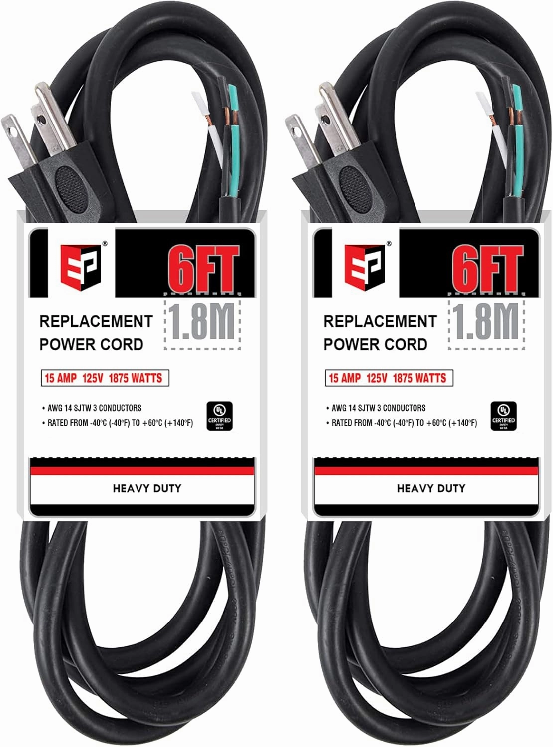EP 2 Pack 6 ft 14/3C SJTW Appliance and Power Tool Cord, 14 Gauge 3 Prong Heavy Duty Replacement Power Supply Cord Cable, 110V 115V 120V AC Pigtail, 15A, 1875w power cord,hi-fi power cable,AC power lead,
