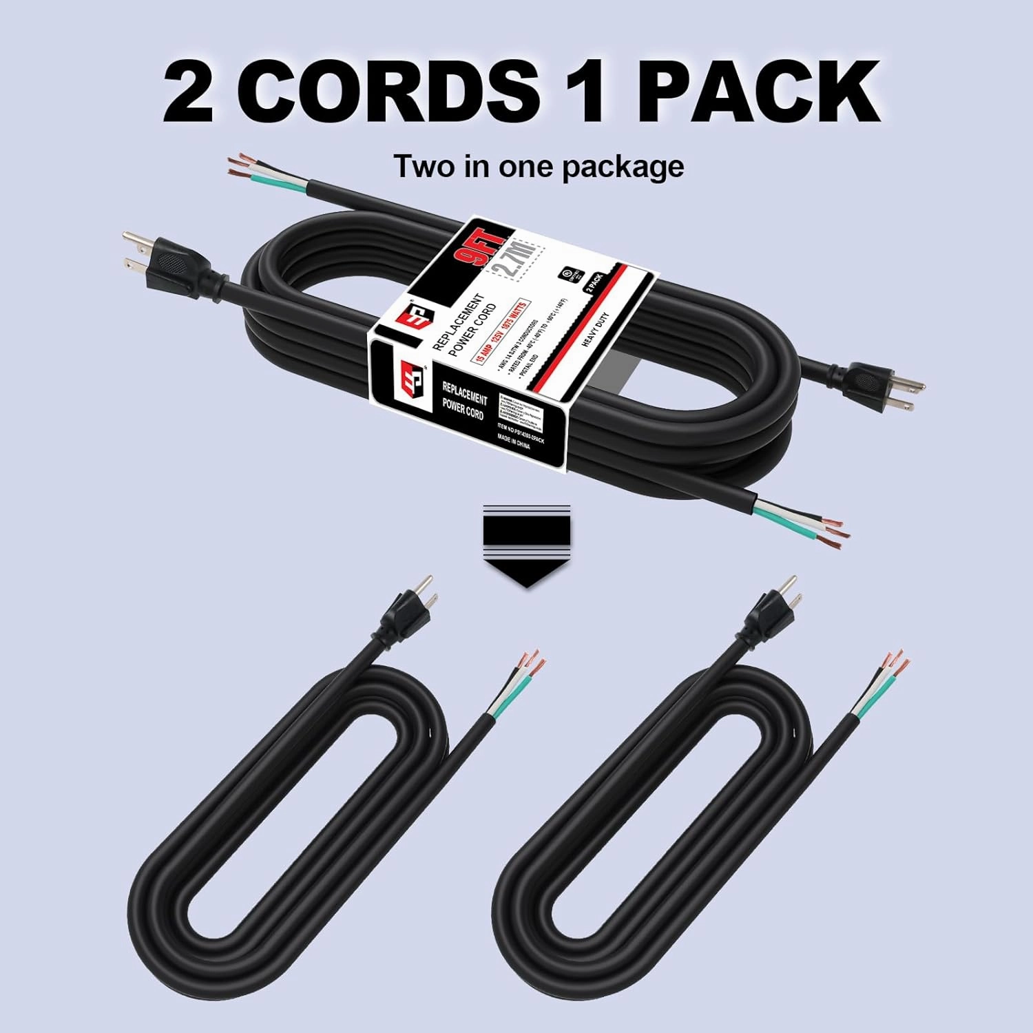 EP 2 Pack 9 ft 14/3C SJTW Appliance and Power Tool Cord, 14 Gauge 3 Prong Heavy Duty Replacement Power Supply Cord Cable, 110V 115V 120V AC Pigtail, 15A, 1875w