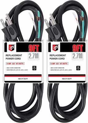 EP 2 Pack 9 ft 14/3C SJTW Appliance and Power Tool Cord, 14 Gauge 3 Prong Heavy Duty Replacement Power Supply Cord Cable, 110V 115V 120V AC Pigtail, 15A, 1875w power cord,hi-fi power cable,AC power lead,