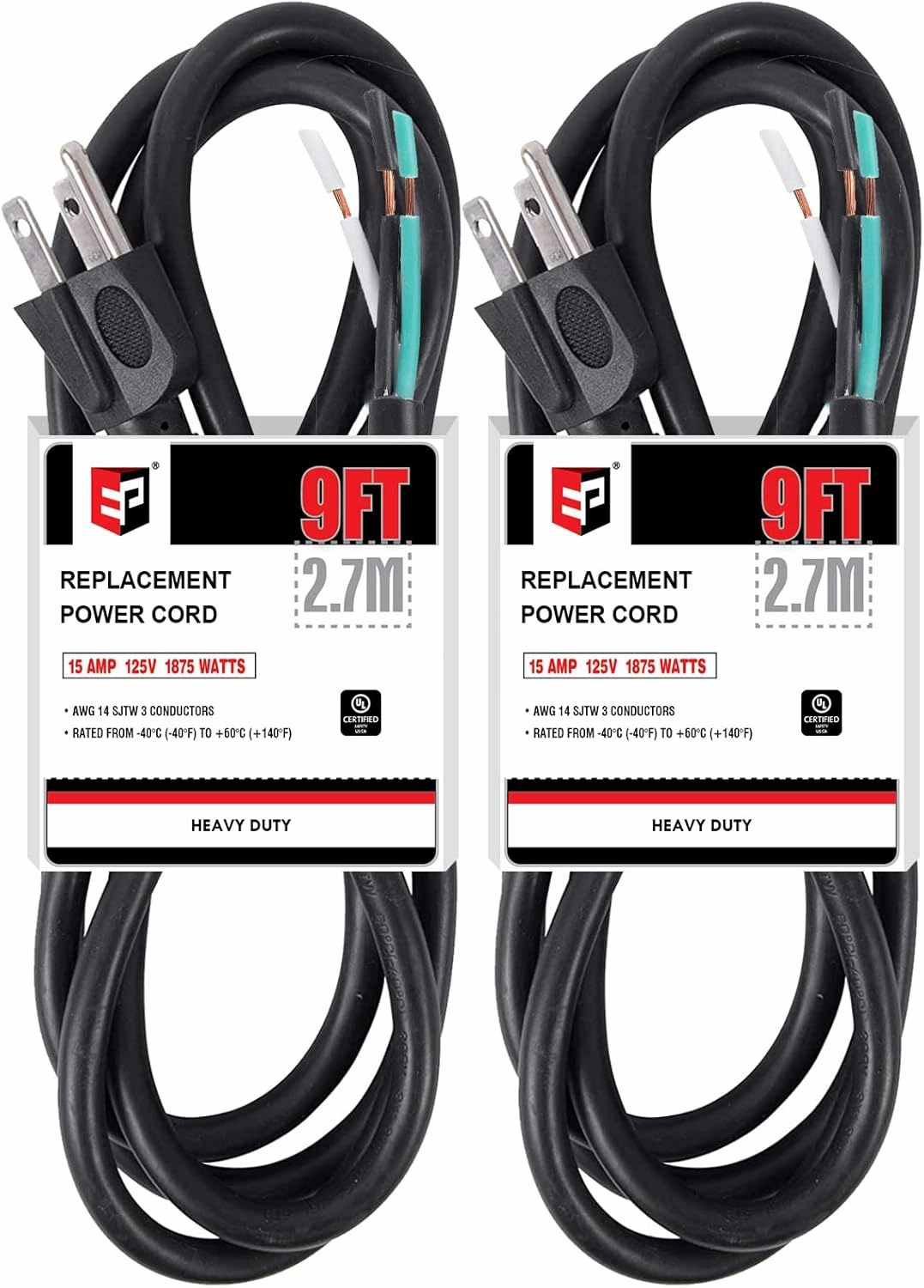 EP 2 Pack 9 ft 14/3C SJTW Appliance and Power Tool Cord, 14 Gauge 3 Prong Heavy Duty Replacement Power Supply Cord Cable, 110V 115V 120V AC Pigtail, 15A, 1875w power cord,hi-fi power cable,AC power lead,