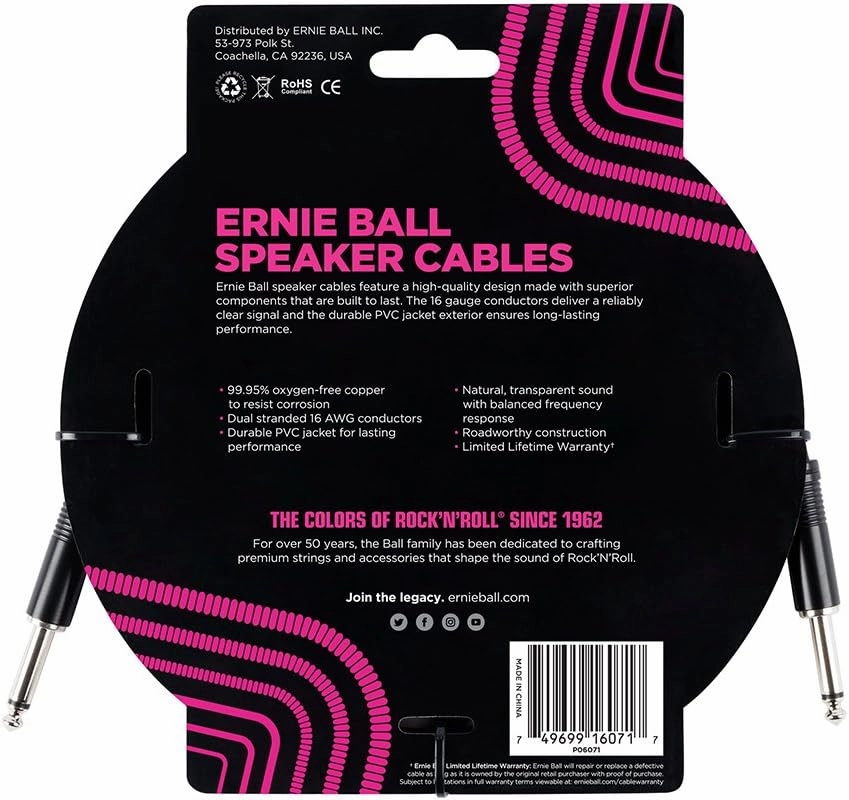 Ernie Ball Speaker Cable, Straight/Straight, 3ft, Black (P06071)