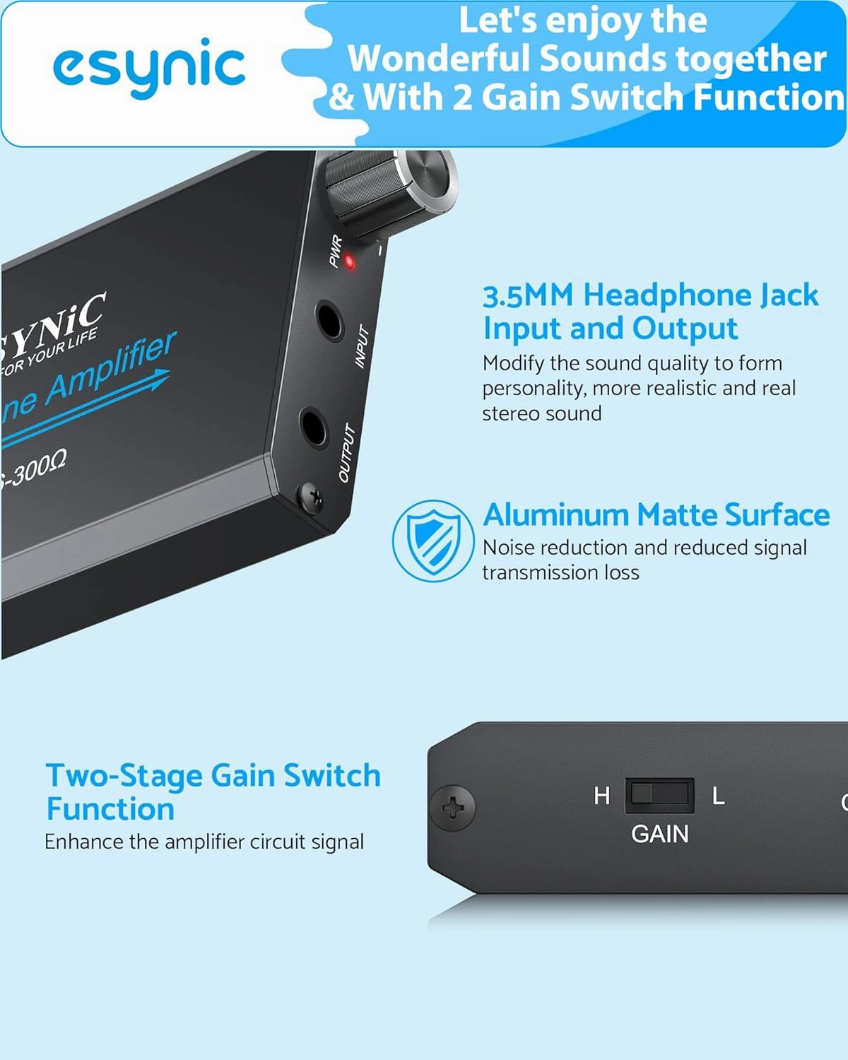 eSynic Professional 16-300 Ohms Headphone Amplifier 3.5mm Portable Headphone Volume Amplifier Rechargeble Headphone Amp Aluminium Alloy Headphone Jack Amp With Gain Switch for Phones Laptop etc