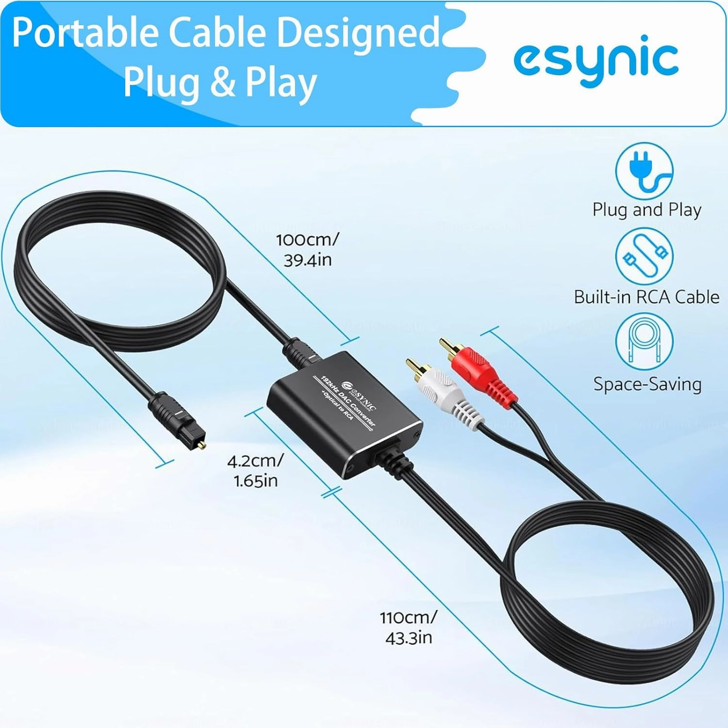 eSynic Professional Optical to RCA Converter Aluminium Alloy 192KHZ DAC Digital to Analog Audio Converter Portable Optical to RCA Adapter 2.1m/7ft Optical Audio RCA Cable for HDTV Blue-ray Players etc