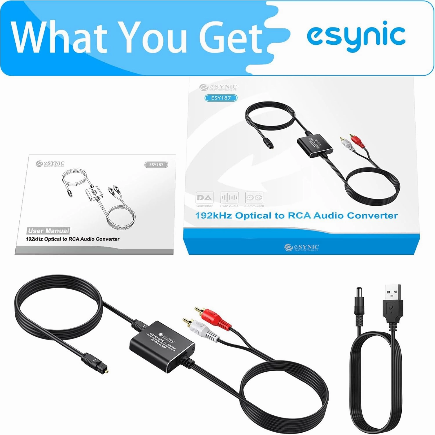 eSynic Professional Optical to RCA Converter Aluminium Alloy 192KHZ DAC Digital to Analog Audio Converter Portable Optical to RCA Adapter 2.1m/7ft Optical Audio RCA Cable for HDTV Blue-ray Players etc