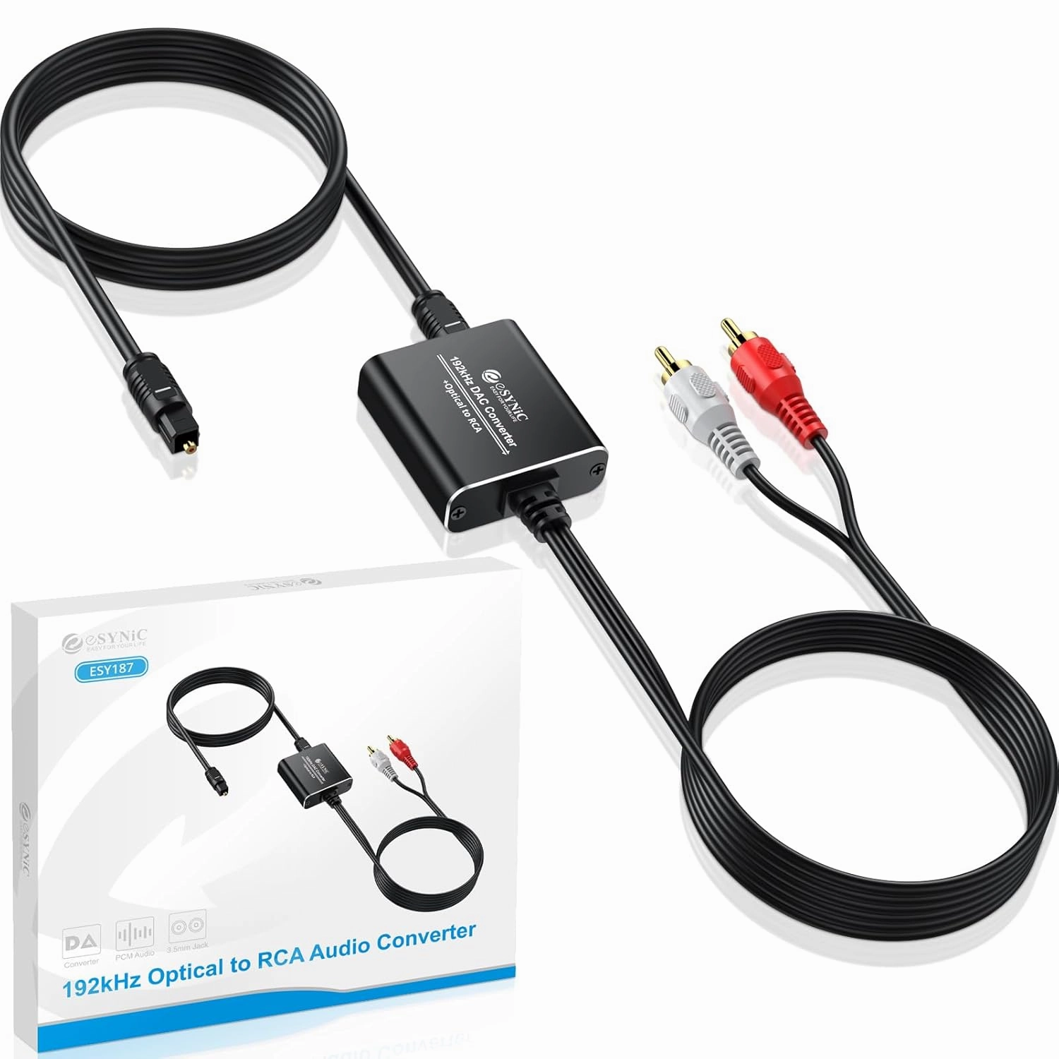 eSynic Professional Optical to RCA Converter Aluminium Alloy 192KHZ DAC Digital to Analog Audio Converter Portable Optical to RCA Adapter 2.1m/7ft Optical Audio RCA Cable for HDTV Blue-ray Players etc DAC,USB audio converter,digital to analog converter,