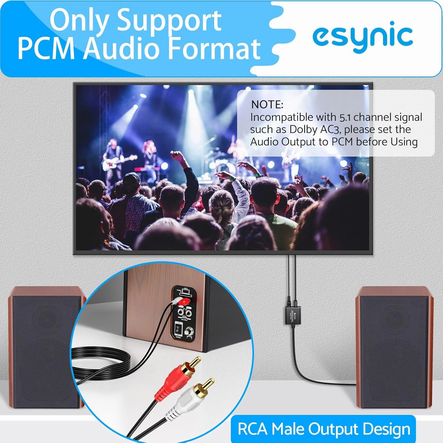 eSynic Professional Optical to RCA Converter Aluminium Alloy 192KHZ DAC Digital to Analog Audio Converter Portable Optical to RCA Adapter 2.1m/7ft Optical Audio RCA Cable for HDTV Blue-ray Players etc