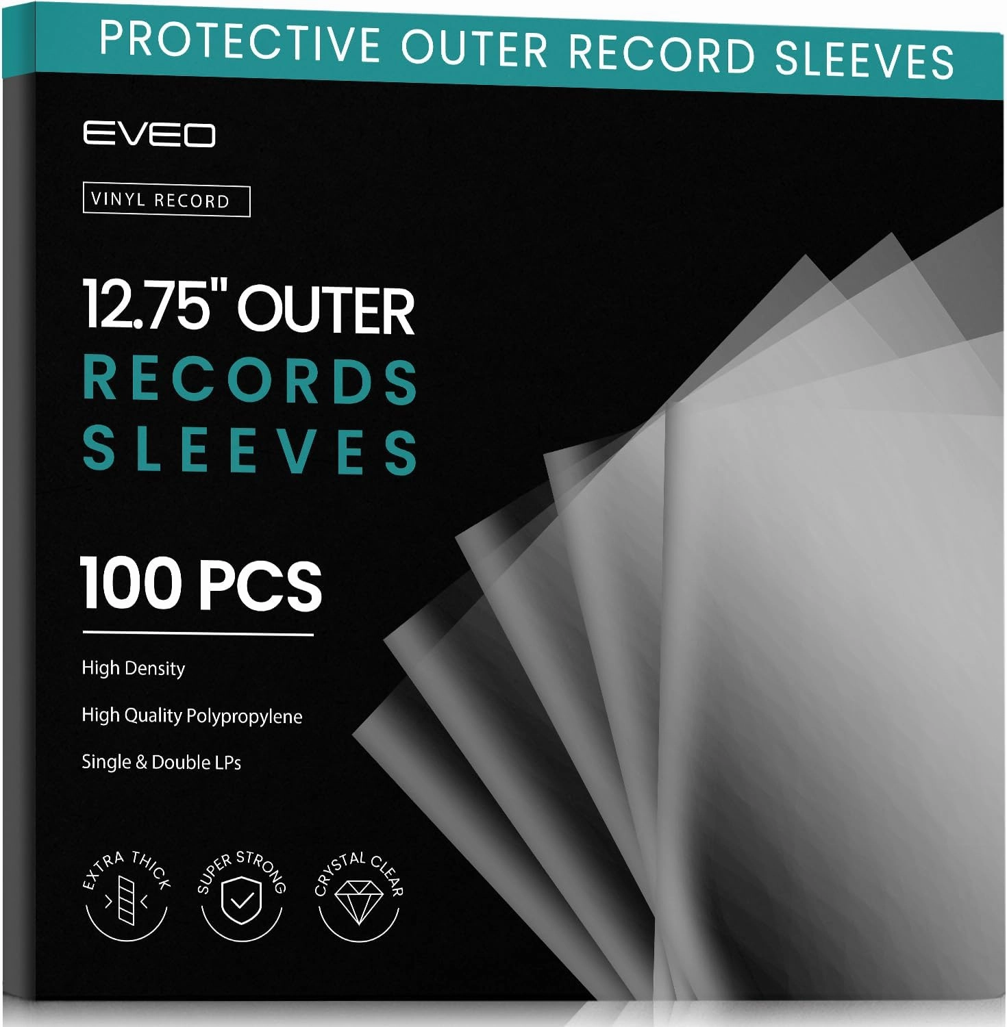 EVEO 100 Vinyl Record Sleeves Outer  Crystal Clear Outer Vinyl Sleeves LP Album Covers 12.75"x12.75" | Perfect Fit Protective 3 Mil Protection for Single & Double LPs - Archival Quality vinyl storage,record holder,LP organizer,