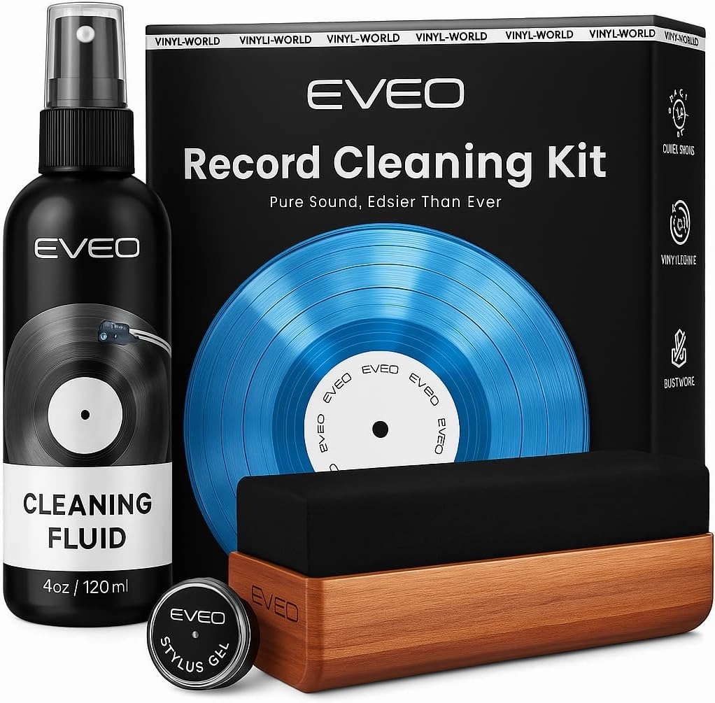 EVEO Vinyl Record Cleaning Kit - 4in1 Vinyl Record Cleaner Kit for Vinyl Records Albums. Vinyl Cleaner Includes XL Record Brush, Cleaning Liquid (4oz), Duster & Stylus Cleaning Gel - Archival Standard record cleaning kit,vinyl cleaner,stylus brush set,