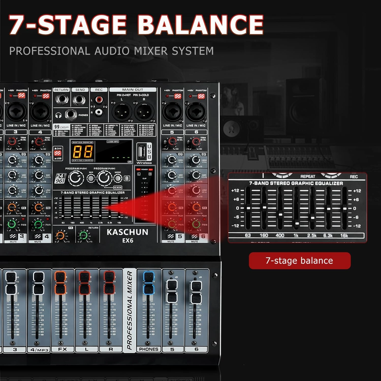 EX6 6-Channel Audio Interface Mixer with 99-bit DSP, Bluetooth 48V Phantom Power, 2x250W Amplifier (4 Ohm) for Studio Recording, DJ Mixing, Karaoke, Concert Party & Streaming
