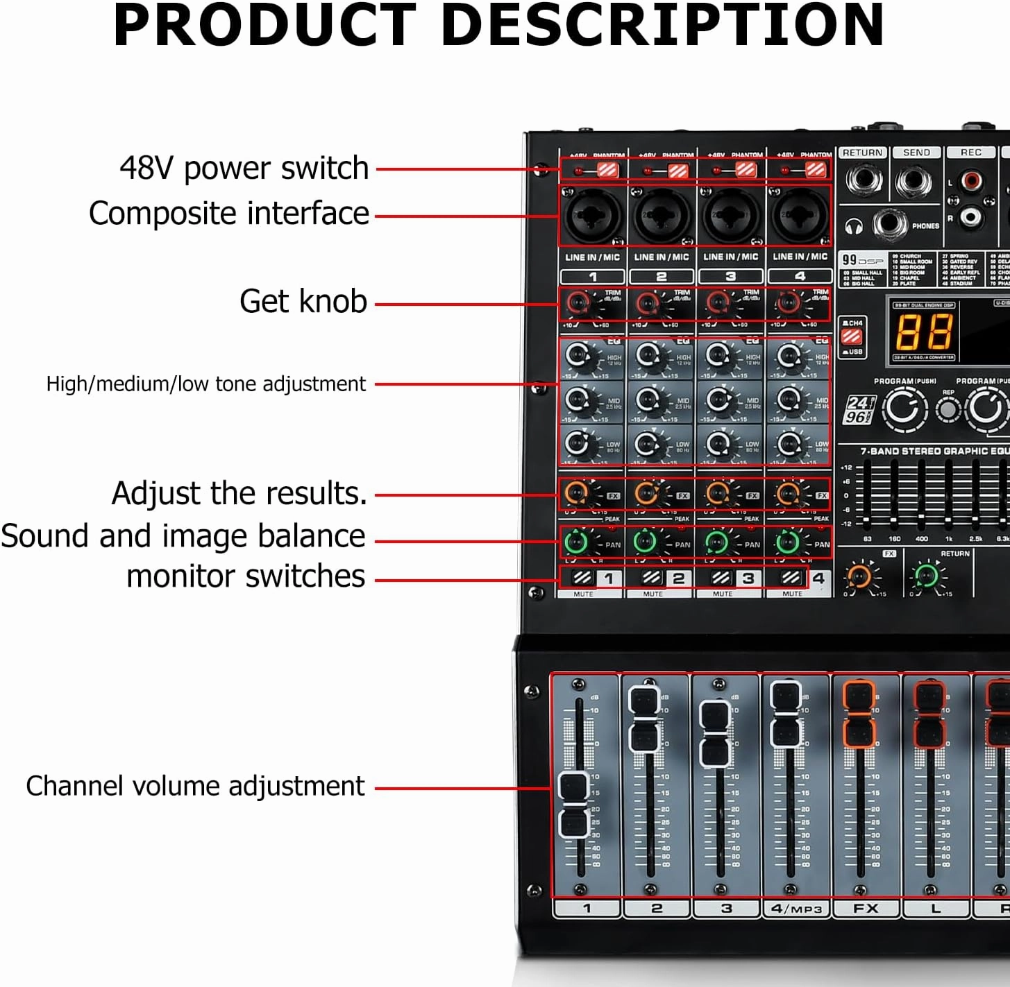 EX6 6-Channel Audio Interface Mixer with 99-bit DSP, Bluetooth 48V Phantom Power, 2x250W Amplifier (4 Ohm) for Studio Recording, DJ Mixing, Karaoke, Concert Party & Streaming