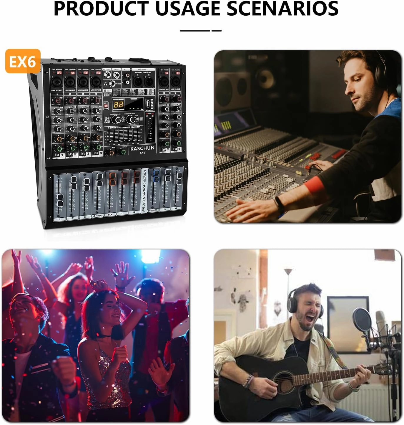 EX6 6-Channel Audio Interface Mixer with 99-bit DSP, Bluetooth 48V Phantom Power, 2x250W Amplifier (4 Ohm) for Studio Recording, DJ Mixing, Karaoke, Concert Party & Streaming