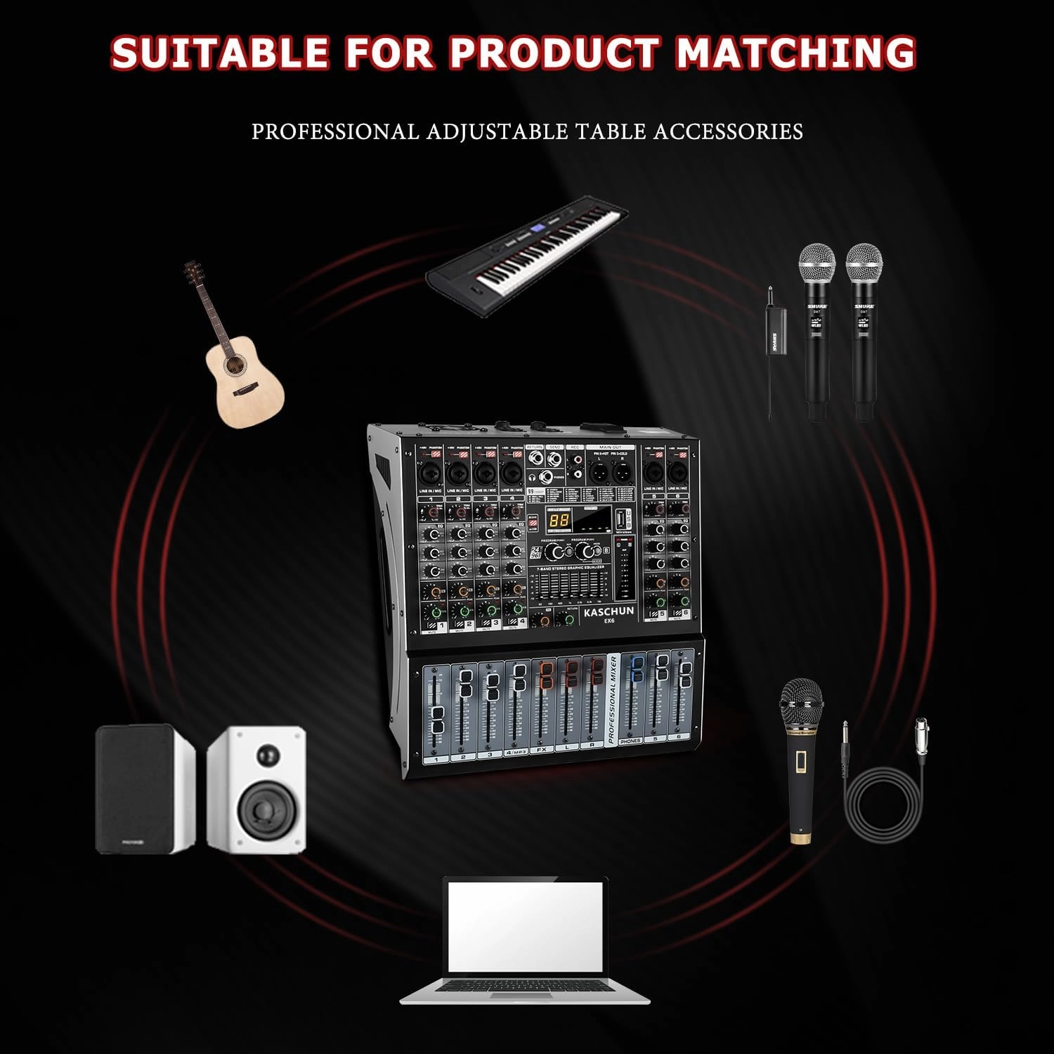 EX6 6-Channel Audio Interface Mixer with 99-bit DSP, Bluetooth 48V Phantom Power, 2x250W Amplifier (4 Ohm) for Studio Recording, DJ Mixing, Karaoke, Concert Party & Streaming