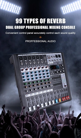 EX8 8-Channel Mixer and Sound Card Interface with Bluetooth/MP3, Dual 7 Band EQ 99 Reverb Effect for Home Studio, Podcast, Live - Desktop Digital Mixer Console for PC/DAW Recording mixer console,audio mixing desk,DJ console,