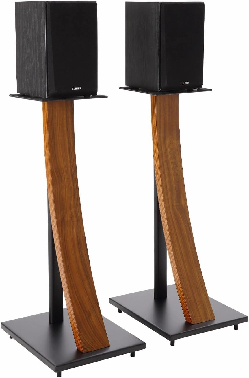 EXIMUS One Pair Fixed Height Universal Speaker Floor Stands with Real Wood - Walnut - 290 Series speaker stands,monitor stands,floor speaker holders,