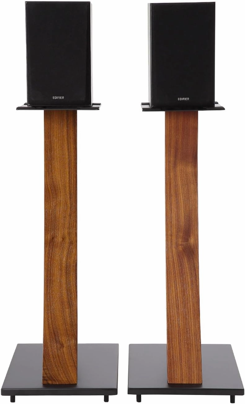 EXIMUS One Pair Fixed Height Universal Speaker Floor Stands with Real Wood - Walnut - 290 Series