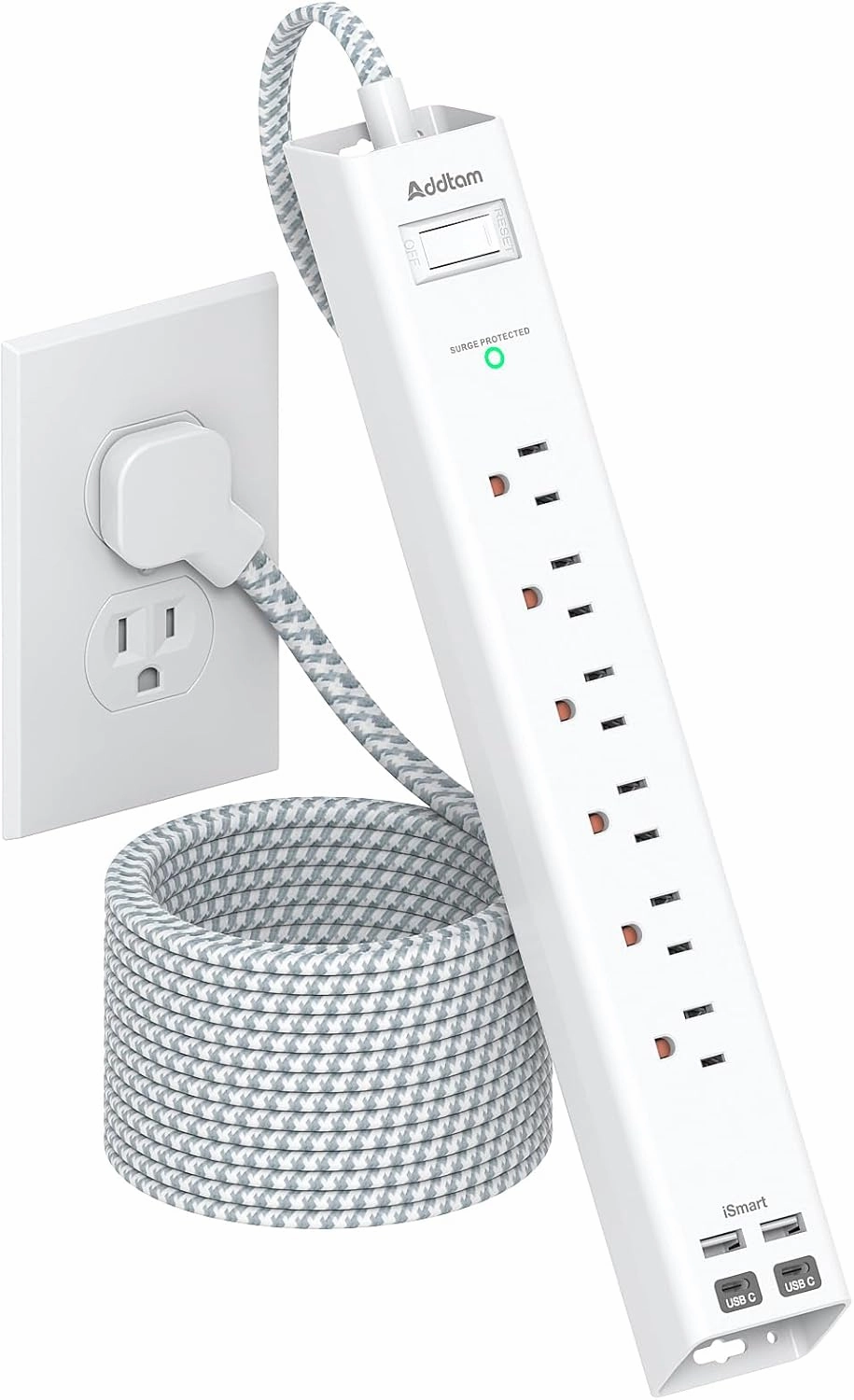 Extension Cord 10 ft - Long Power Strip Surge Protector, 6 AC Outlet 4 USB (2 USB C), Flat Plug, Wall Mount, Multi Plug Outlet Extender Desk Charging Station for Home Office Dorm Room Essentials power cord,hi-fi power cable,AC power lead,